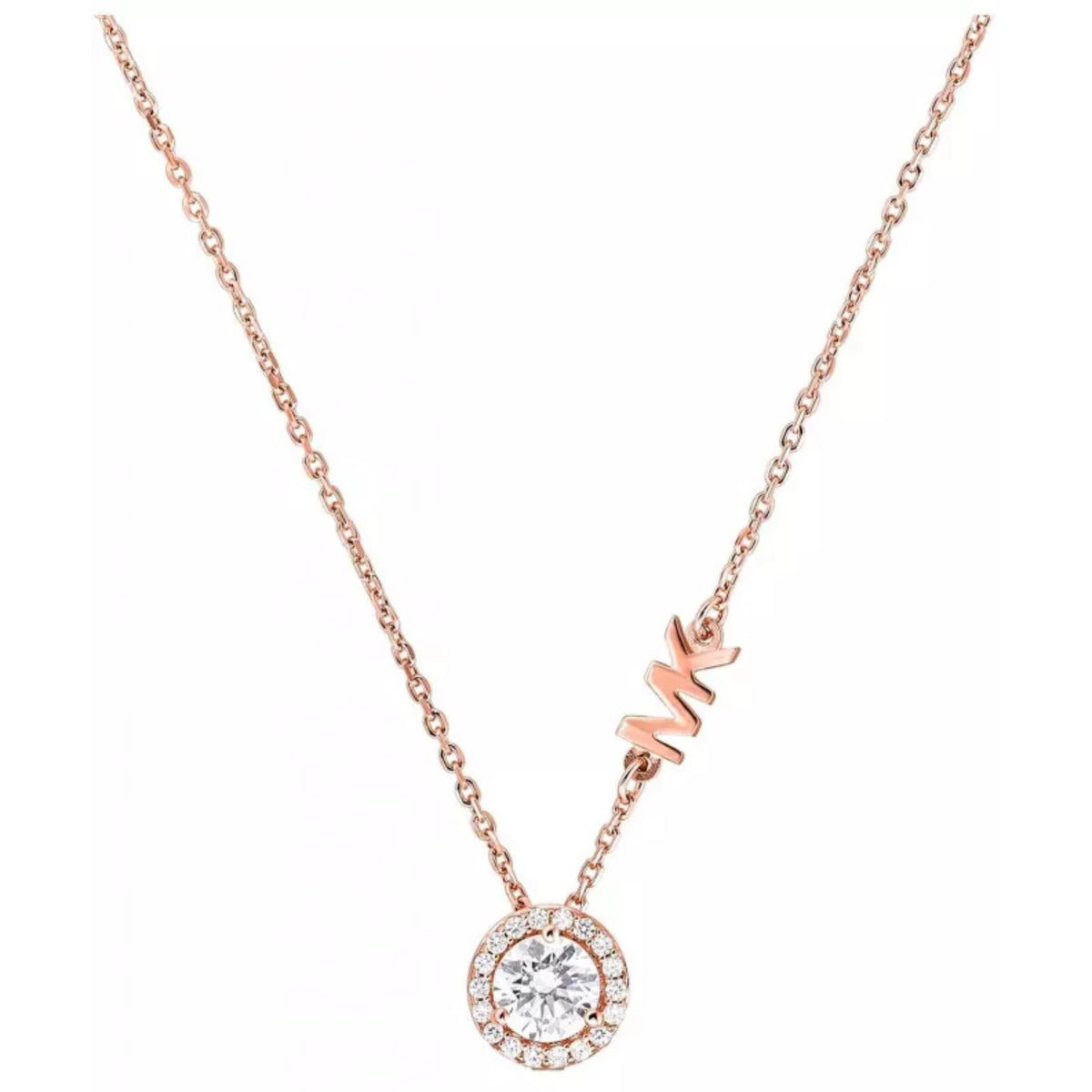 Rose gold-plated CZ necklace with round halo pendant and raised zigzag accent
