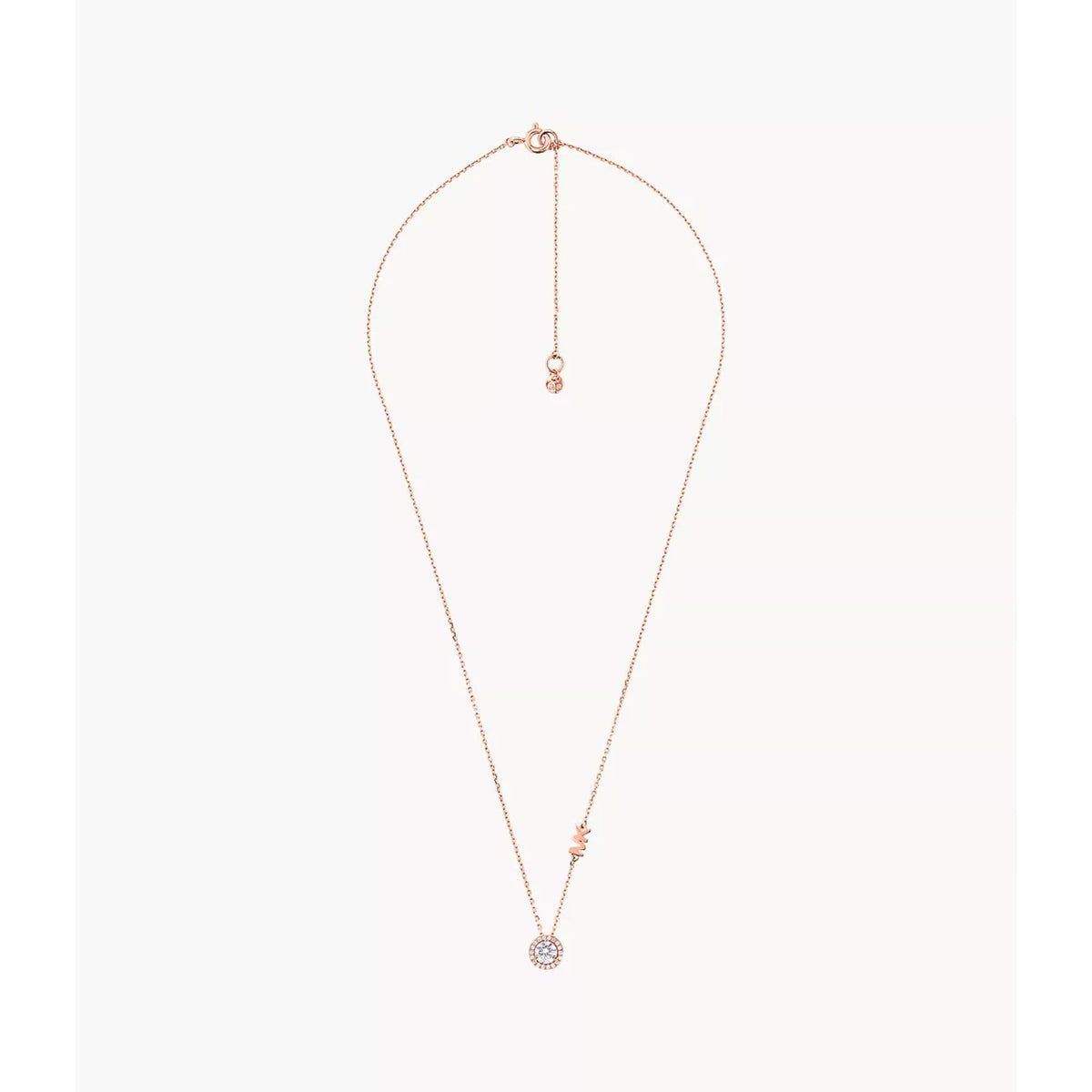 Rose gold-plated CZ pendant necklace laid out, showing hanging zigzag and round charms