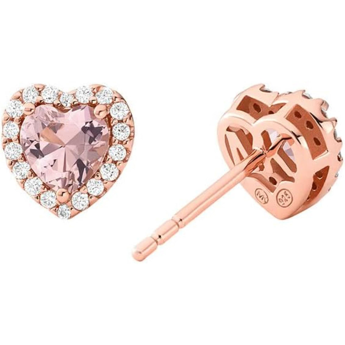 Rose gold heart stud earrings back view, pink center with white accents and post closure