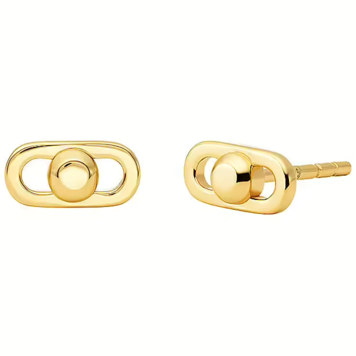 Gold-plated link stud earrings with oval frame and round center, on post backs