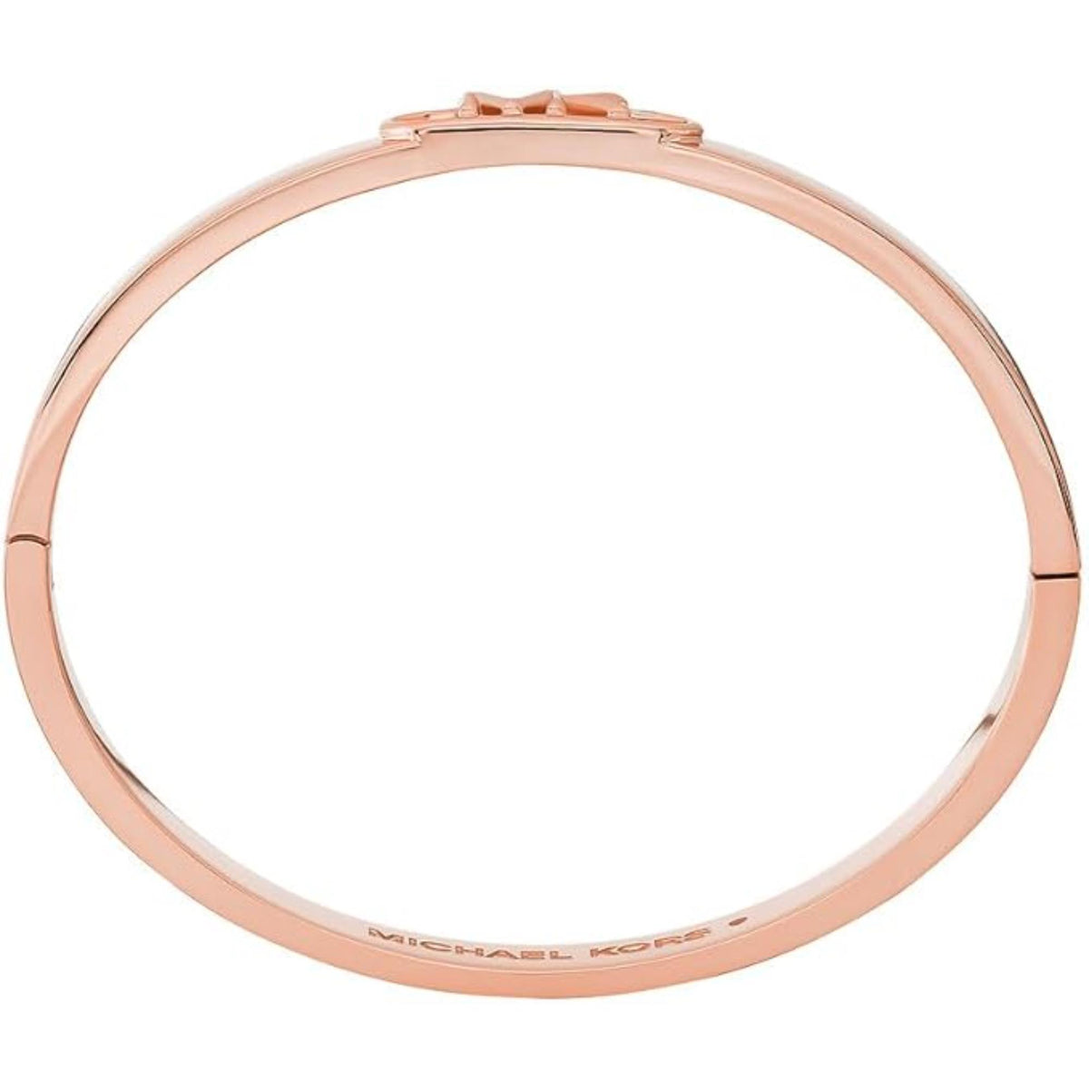 Rose gold-plated round bangle with engraved MICHAEL KORS lettering along bottom edge