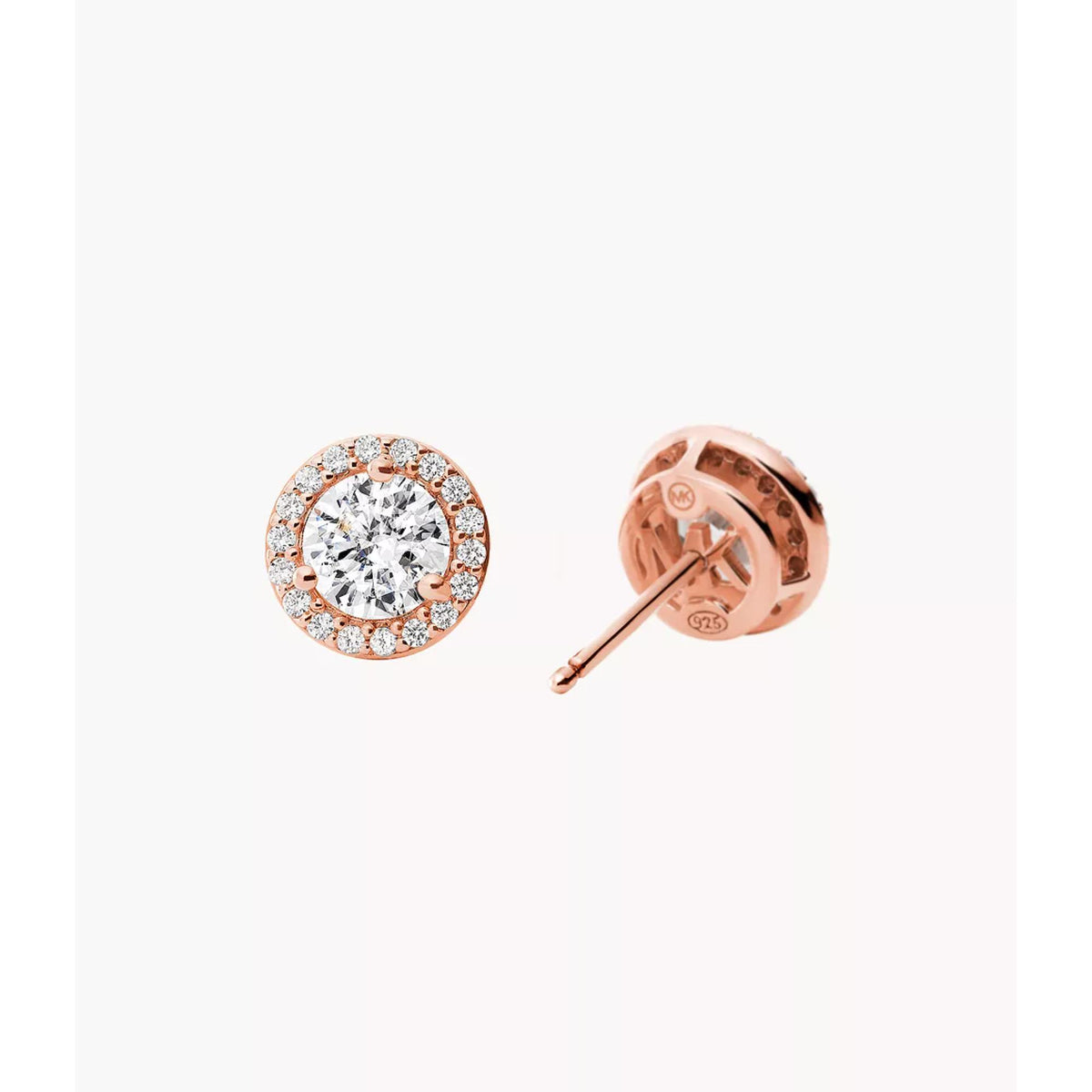 Halo CZ stud earring with rose gold back and short post.