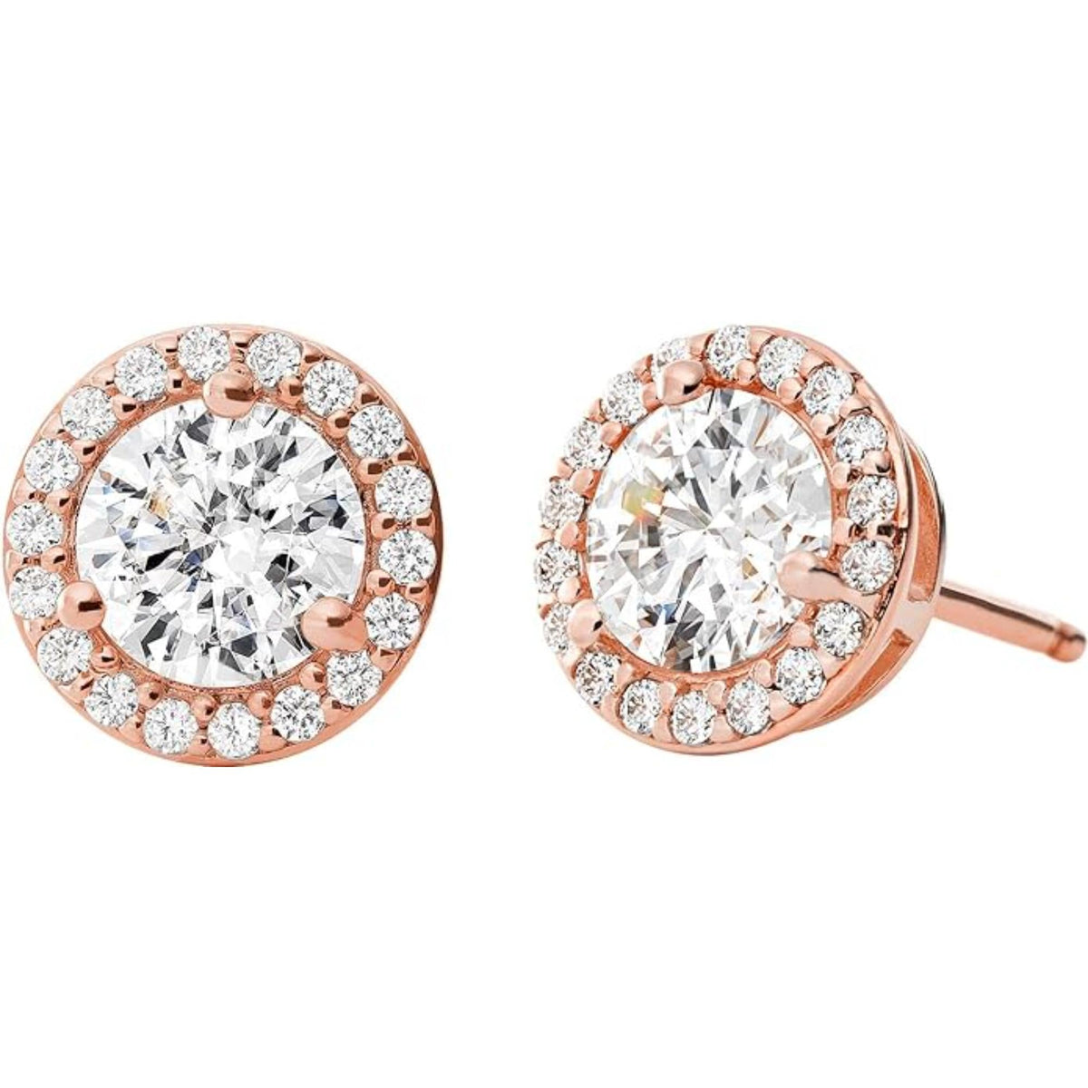 Round halo CZ stud earrings with rose gold bezel and sparkling border stones.