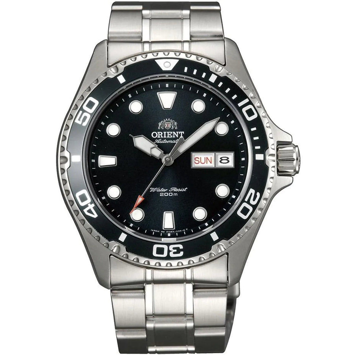 Men's automatic wristwatch front view: black dial, stainless steel bracelet