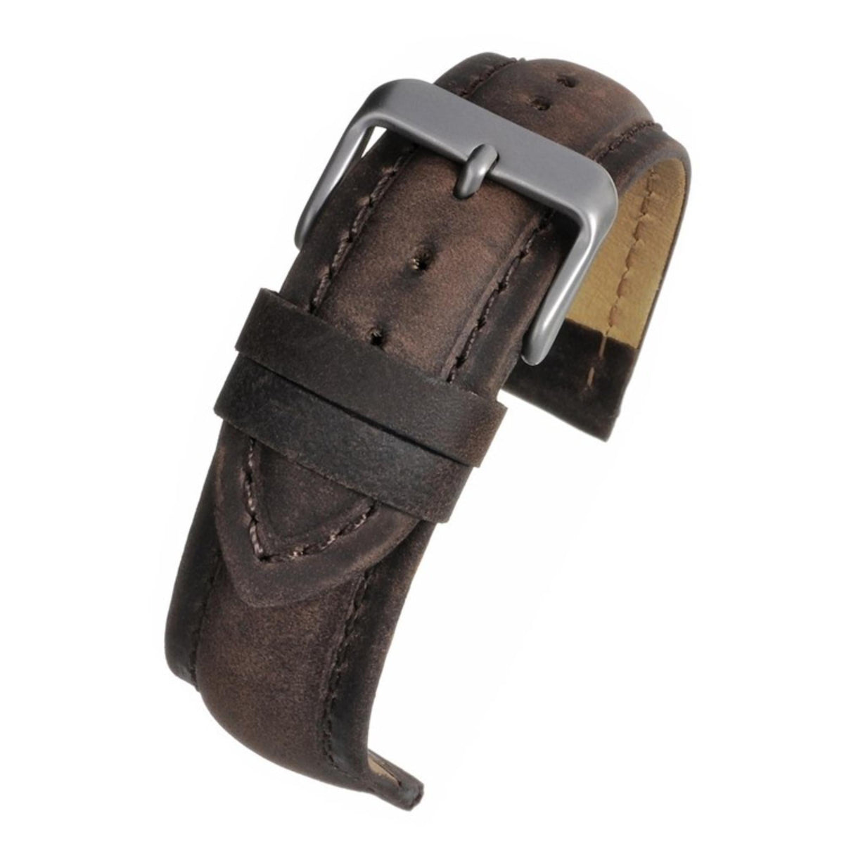 Vintage padded dark brown leather belt strap with silver buckle and stitched keeper