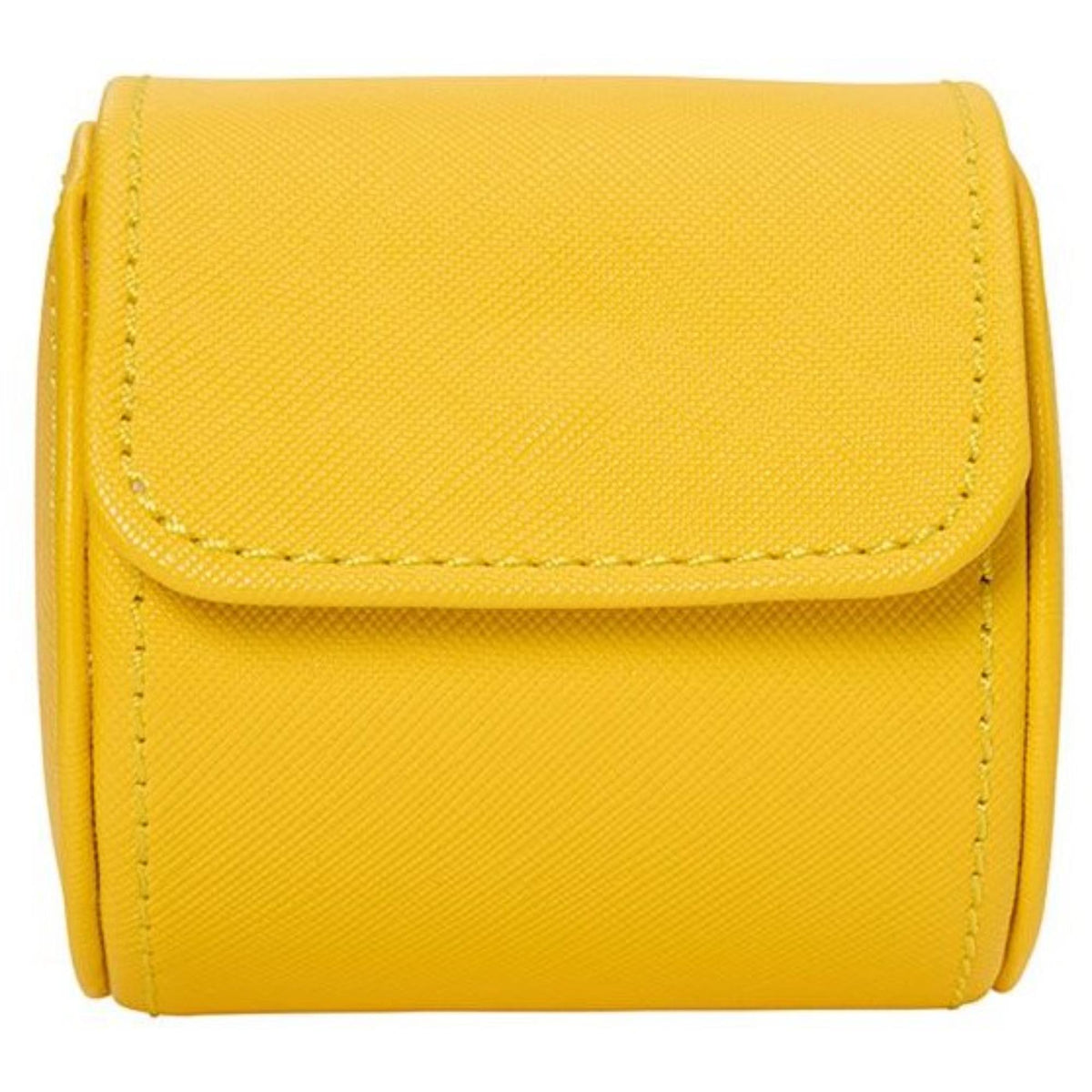 Yellow single watch roll case front view with top flap and seam stitching