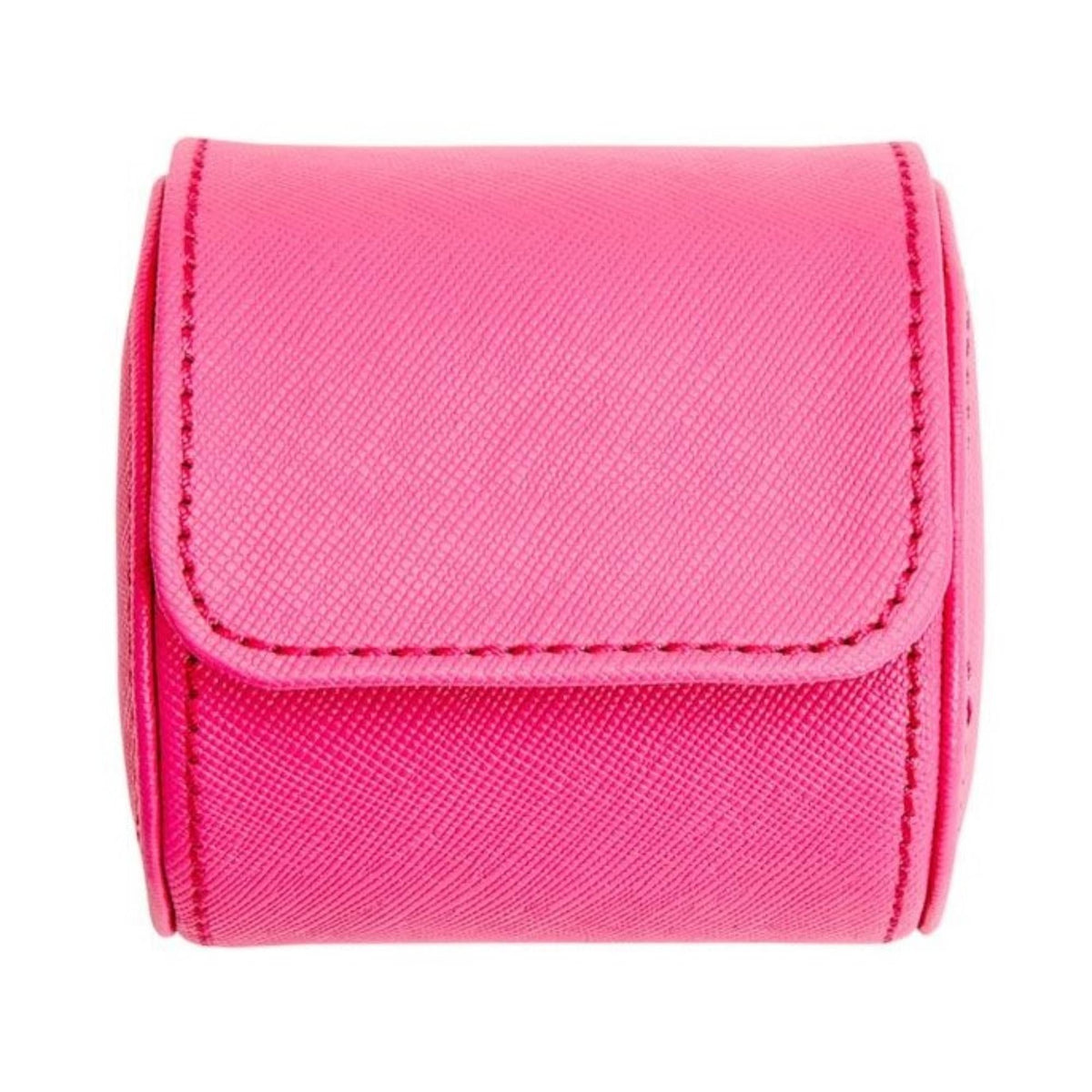 Pink single watch roll with textured exterior and front flap with contrast stitching