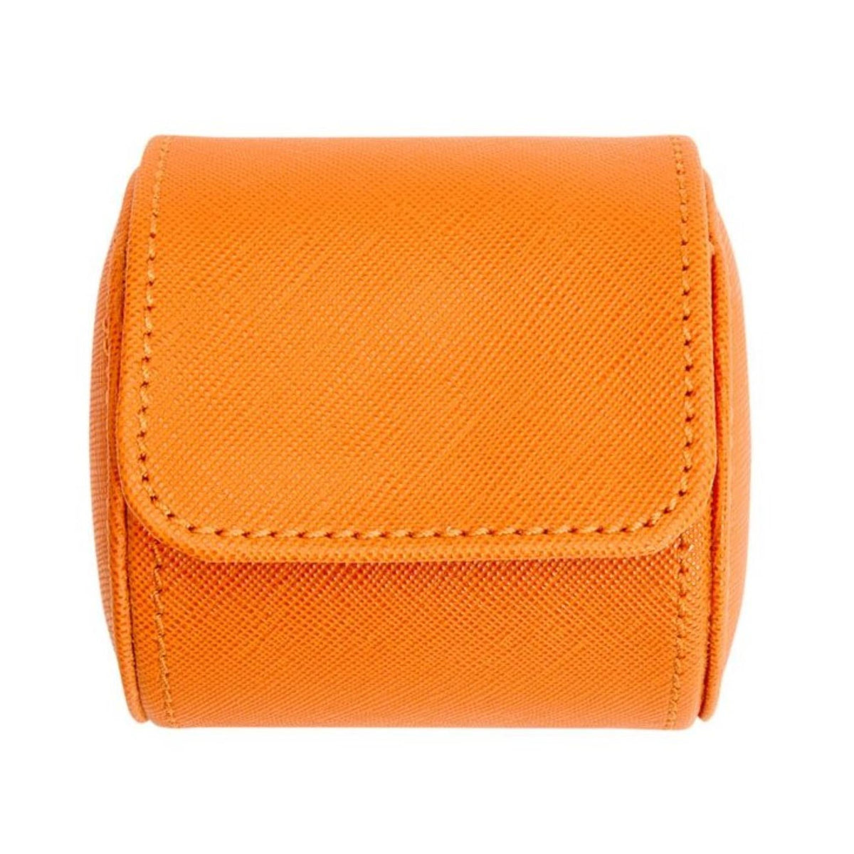 Orange single watch roll front view with top flap and detailed stitching