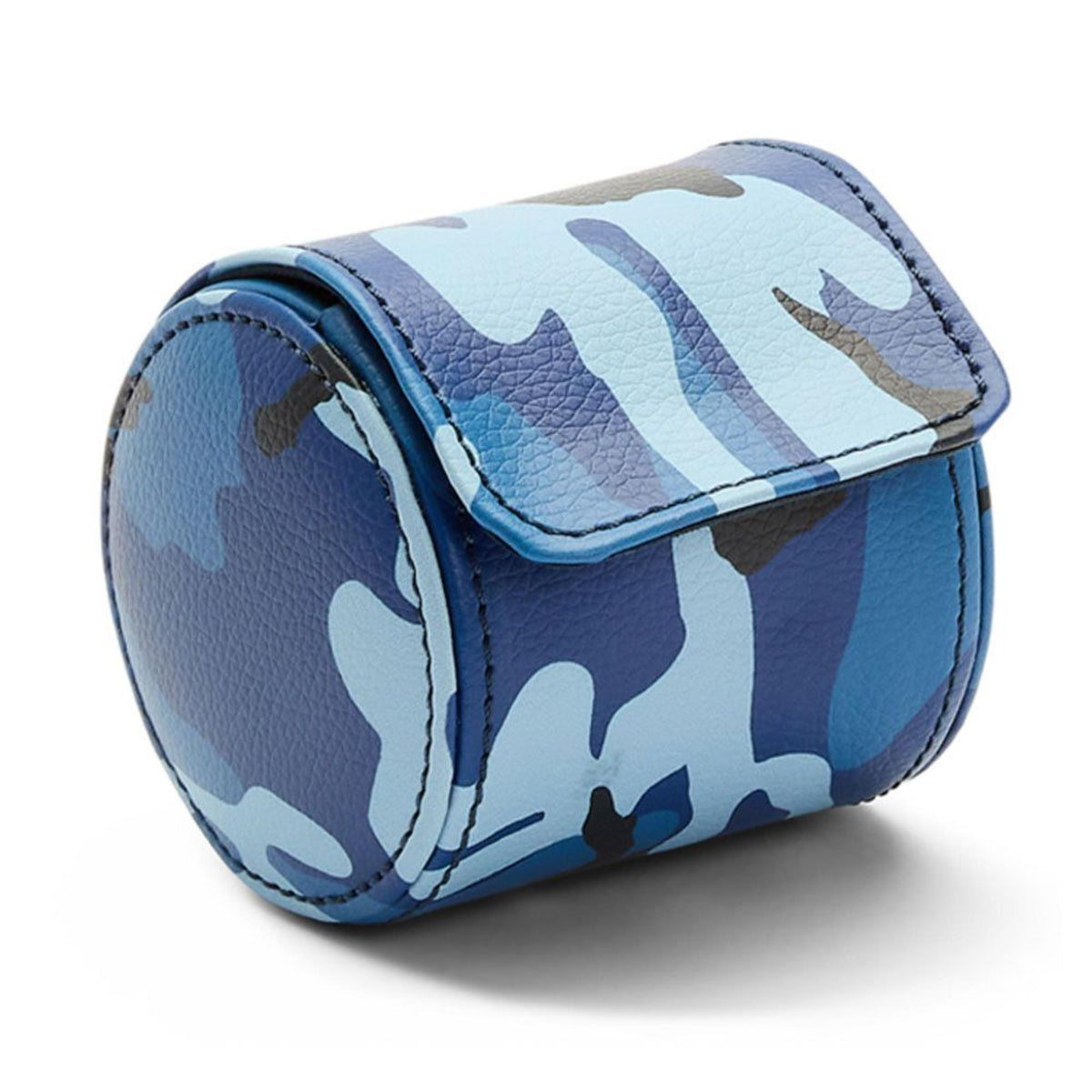 Blue camo single watch roll, angled view of flap and curved watch compartment