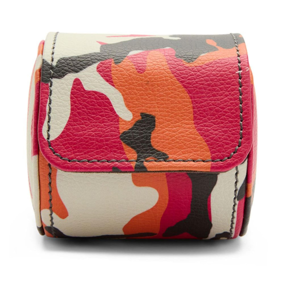 Single watch roll with camo cover flap, faux-leather exterior in pink, orange, and black