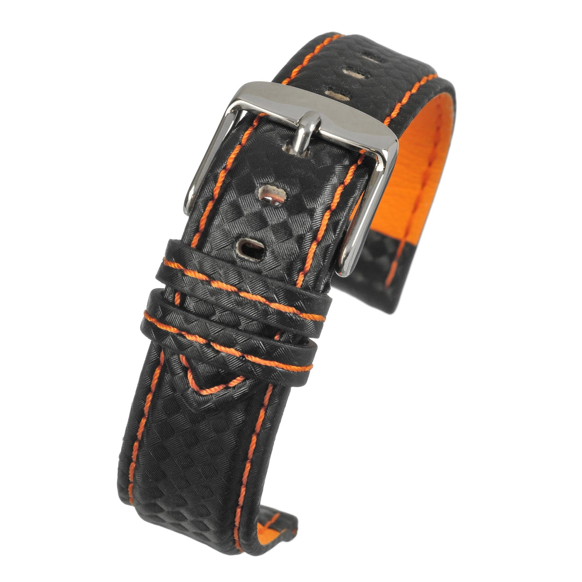 Men's black watch strap with orange stitching and buckle, visible adjustment holes