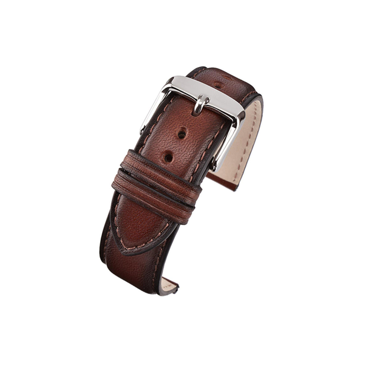 Brown vintage leather watch strap with metal buckle and stitched loop