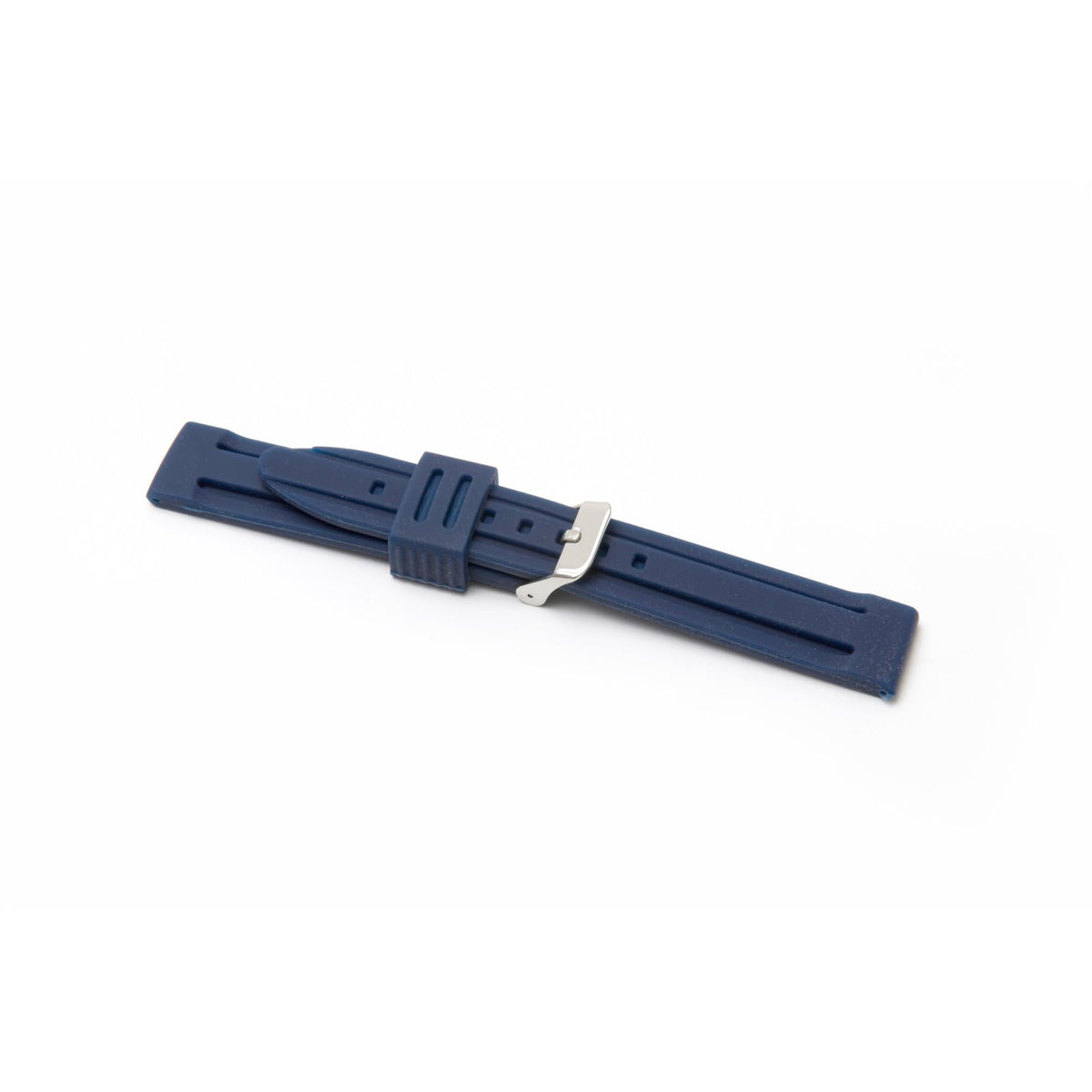 Blue silicone watch band with metal clasp and strap keeper