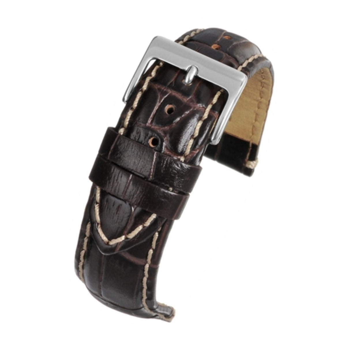 Brown leather watch strap with padded design and silver metal buckle