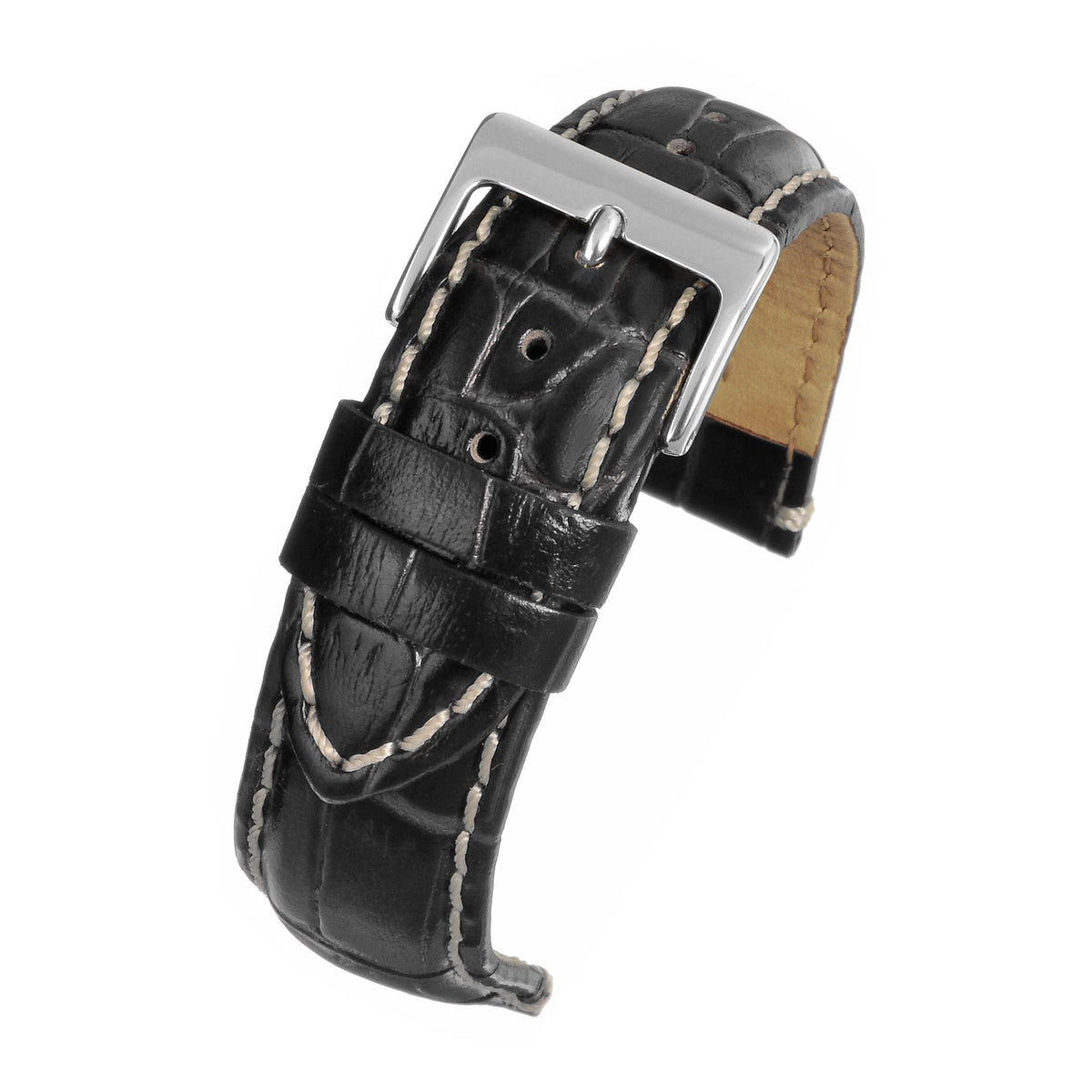Black padded leather watch strap with silver buckle, stitched holes and edges