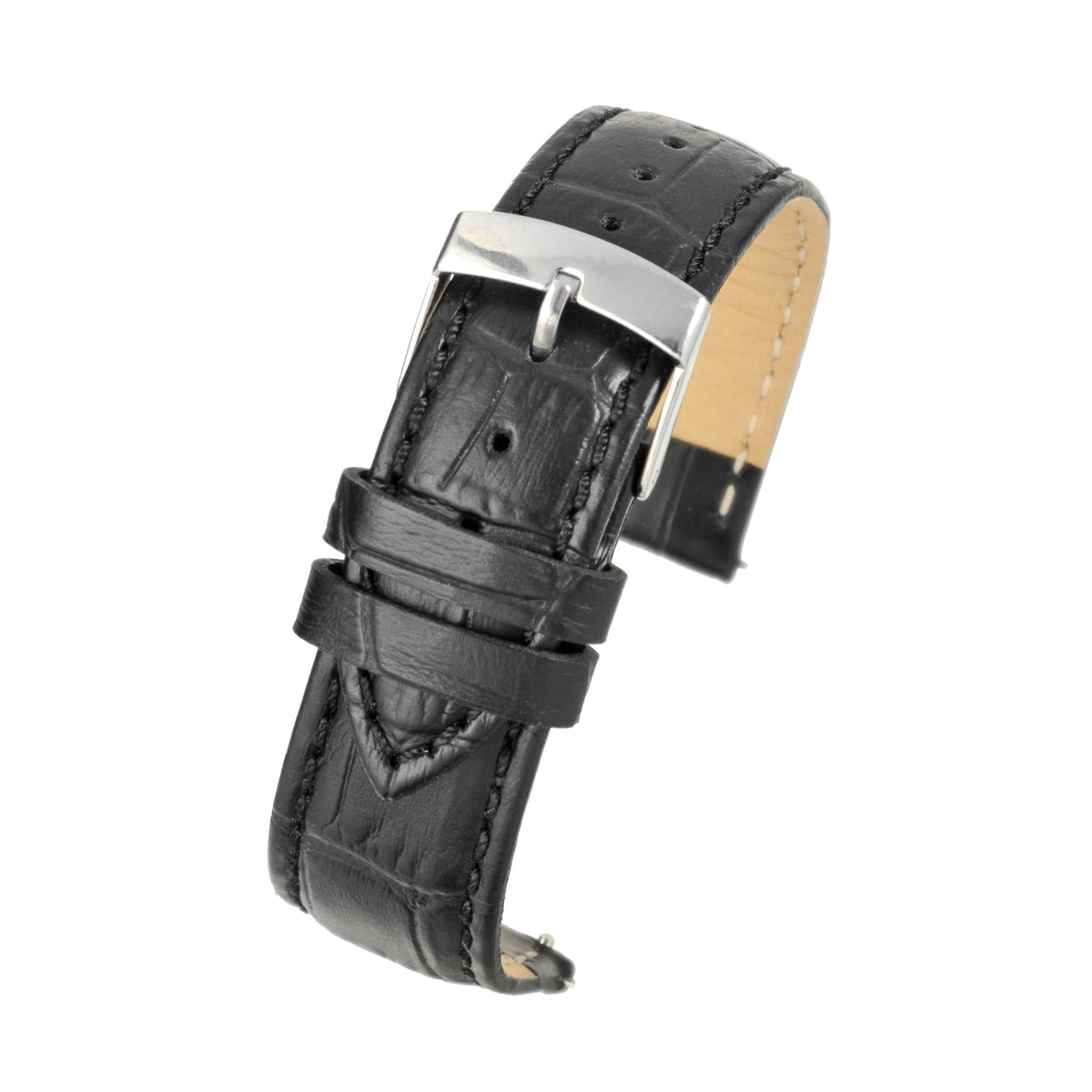 Black croc-style leather watch band, padded with quick-release buckle and stitching