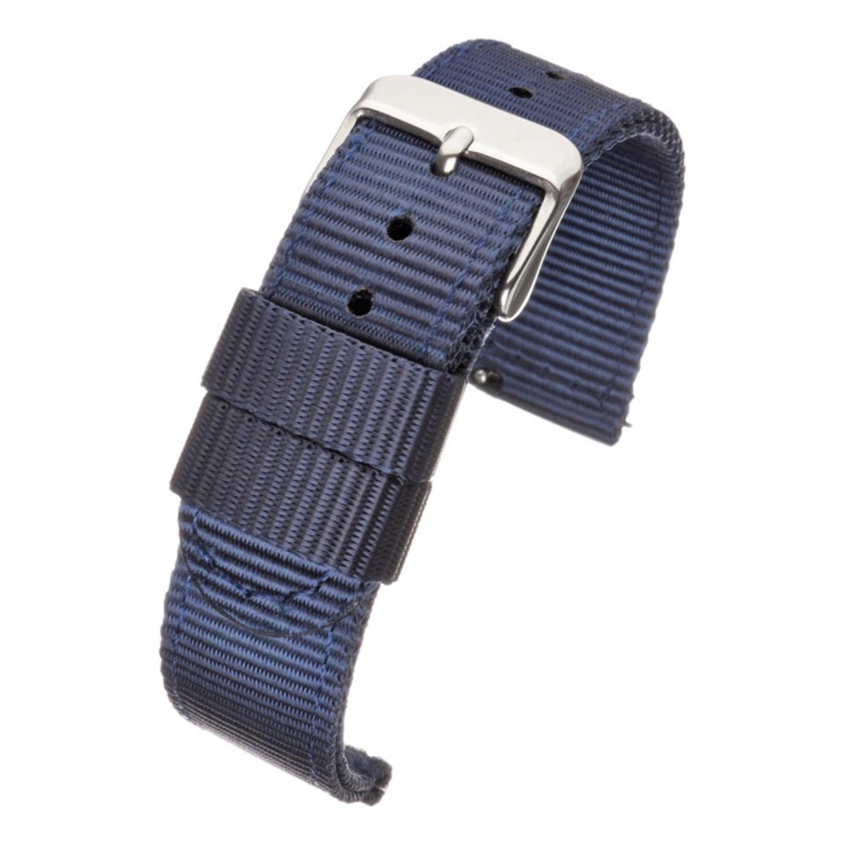 Nylon watch strap in dark navy with silver buckle and rows of woven fabric
