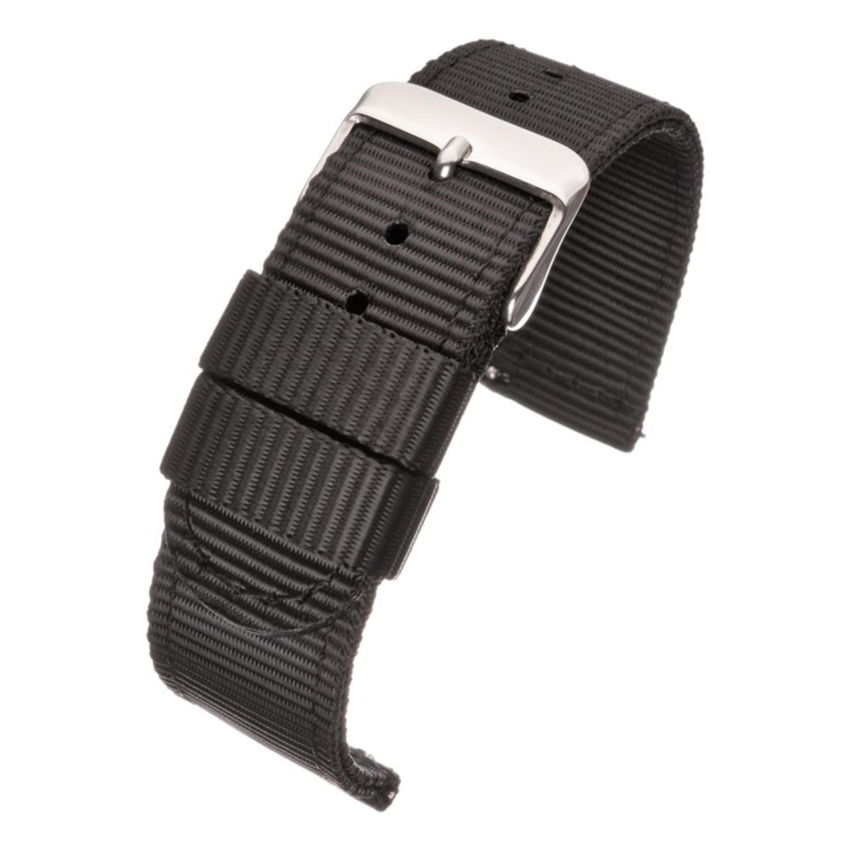 Black nylon QR watch strap with metal buckle and multiple adjustment holes