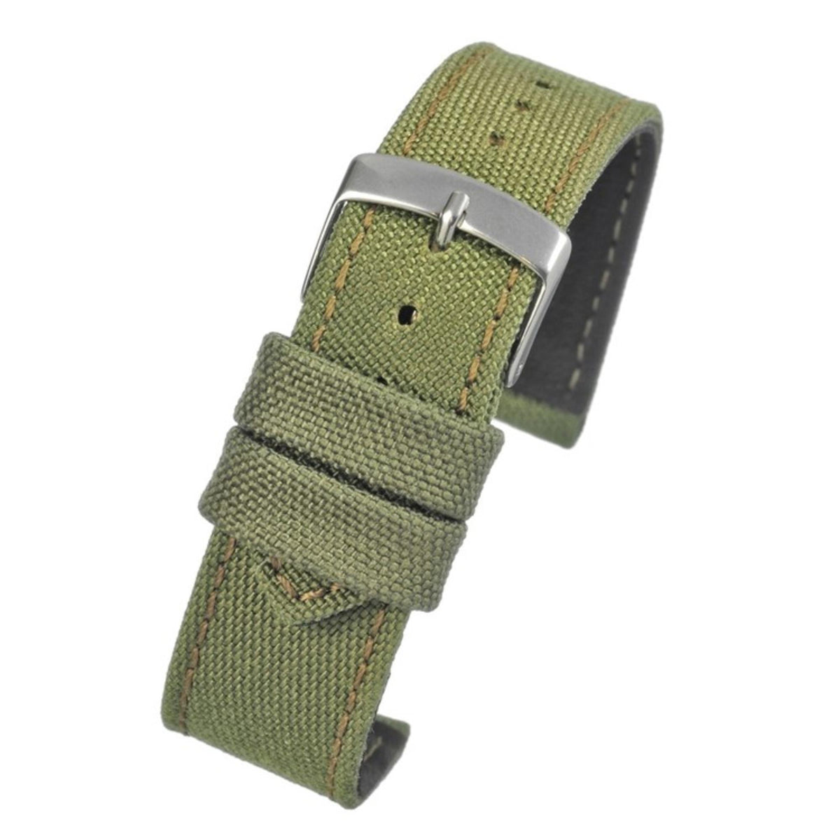 Green fabric watch strap with silver buckle and stitched leather keeper