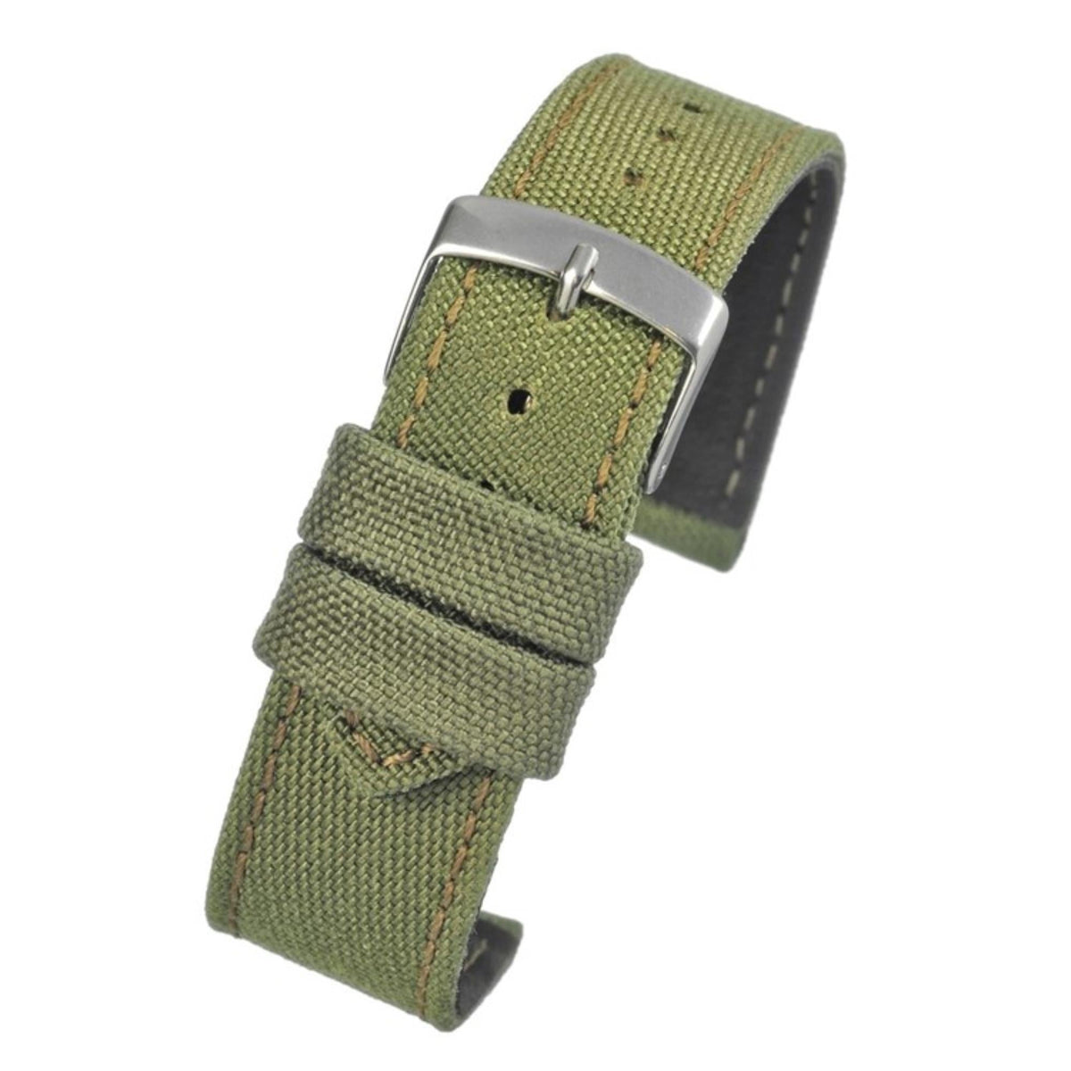 Green canvas watch strap with silver tang buckle and wide stitched keeper tab