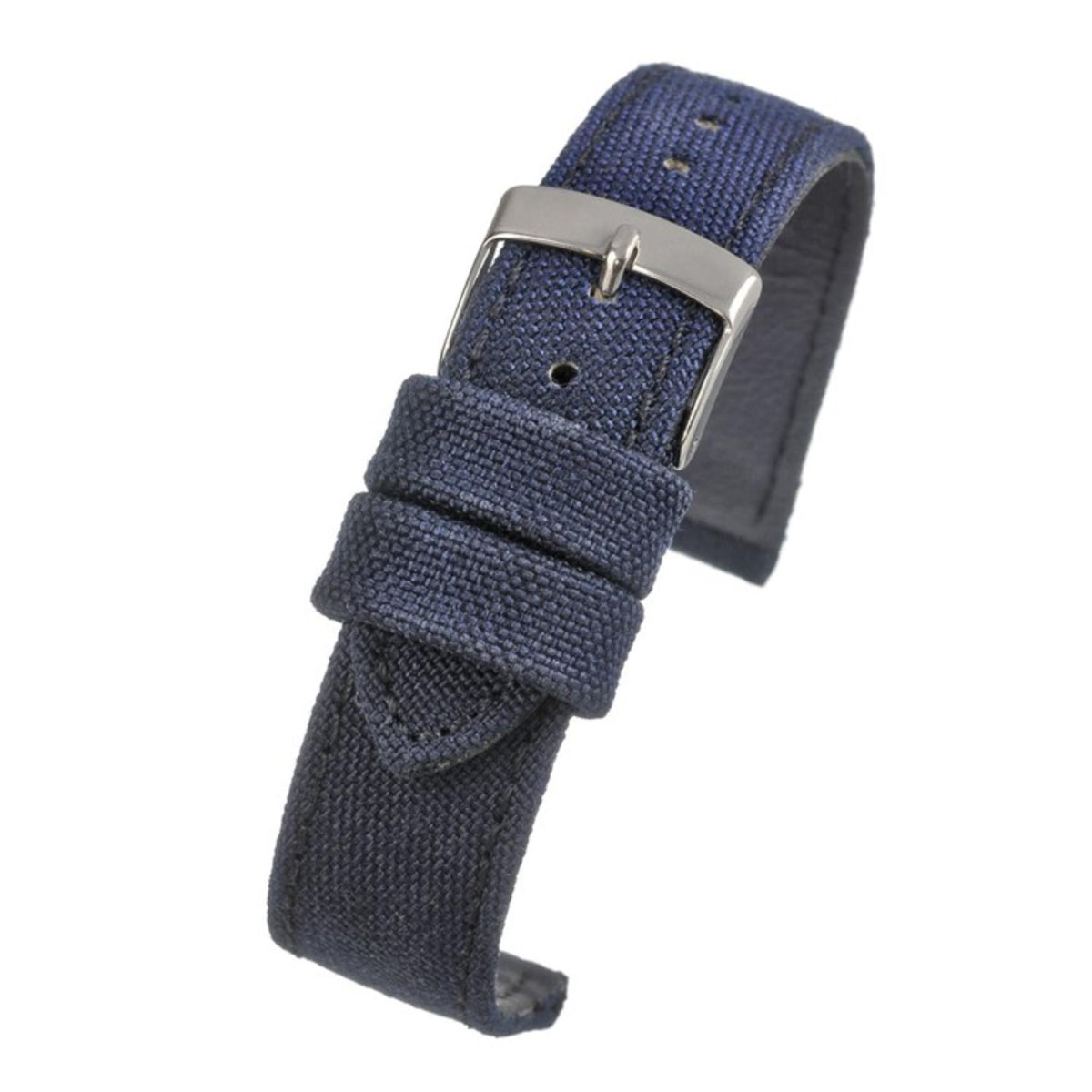 Navy-blue woven watch strap with silver clasp buckle and punched adjustment holes