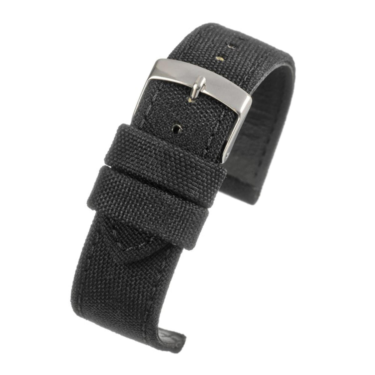 Black fabric watch strap with stitched edge, textured weave, metal buckle frame