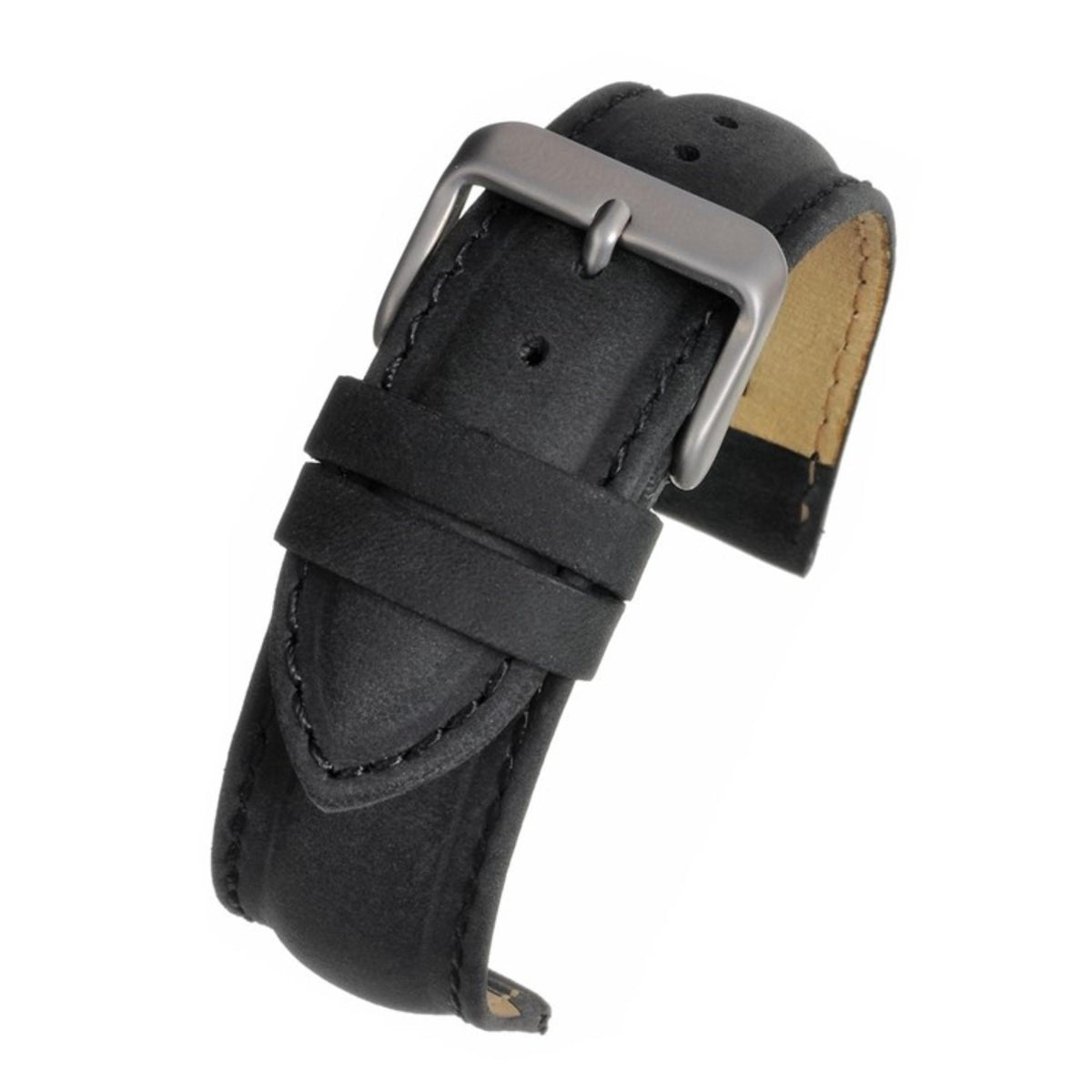 Black suede padded watch strap with silver metal buckle and stitched end loop