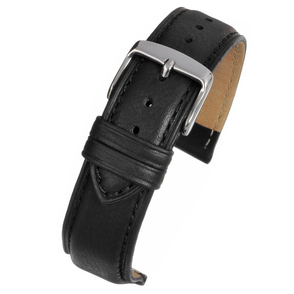 Black leather watch strap with silver metal buckle and center bar; adjustment holes shown.