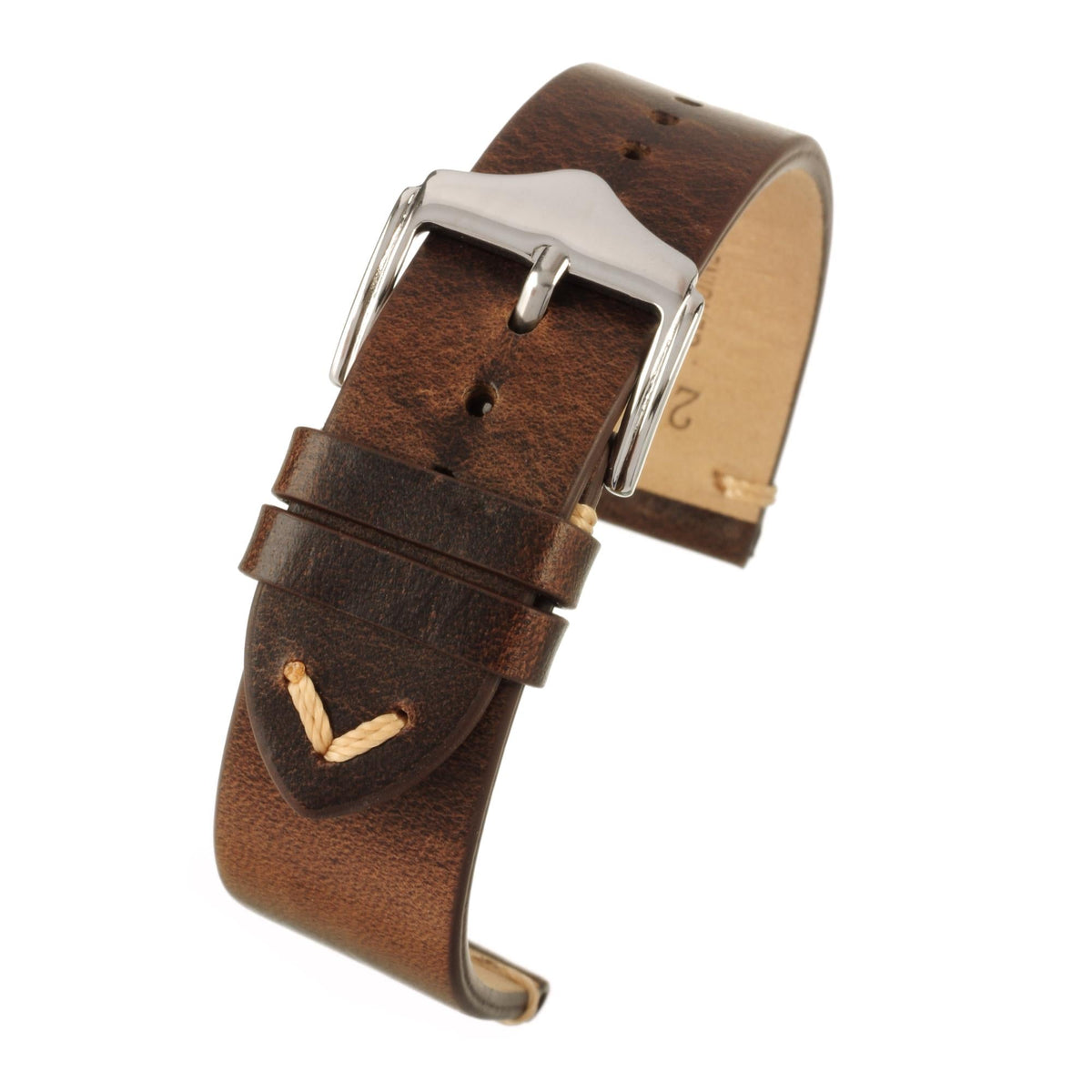 Brown leather watch strap with metal buckle; visible stitching and keeper loop