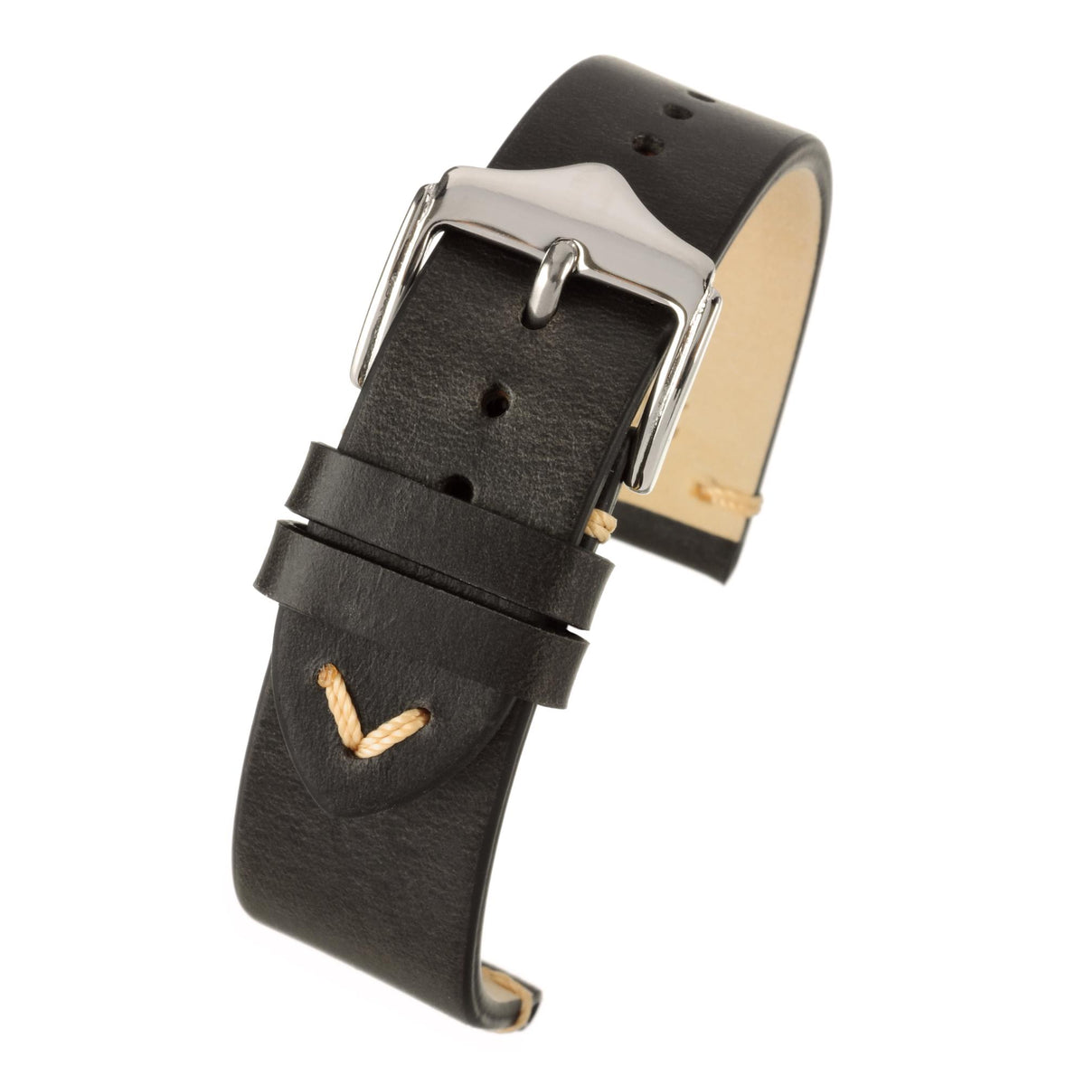 Black vintage leather watch strap with silver buckle and stitched emblem