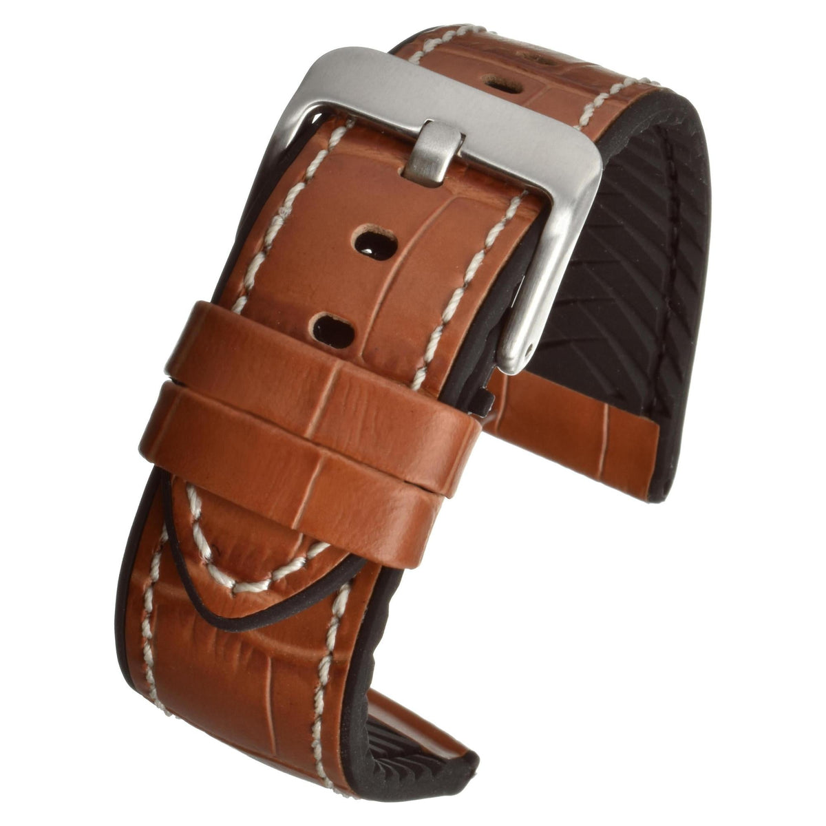 Tan leather watch strap with crocodile texture, contrast stitching, silver buckle, dark underside