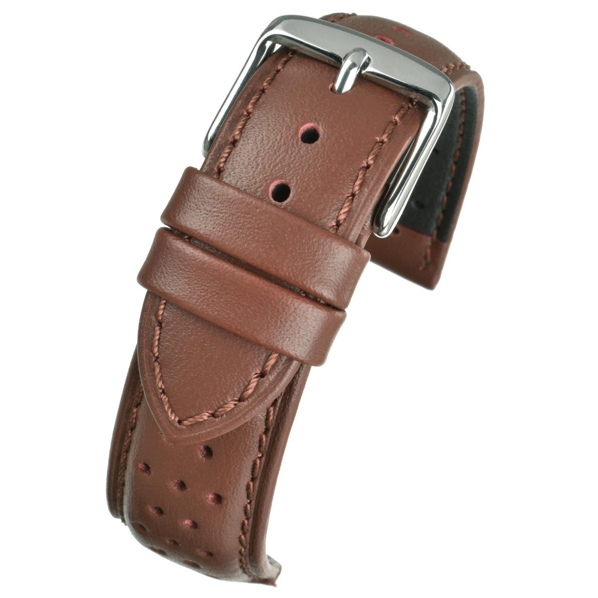 Tan perforated leather wrist strap with silver metal buckle, rounded ends and stitching