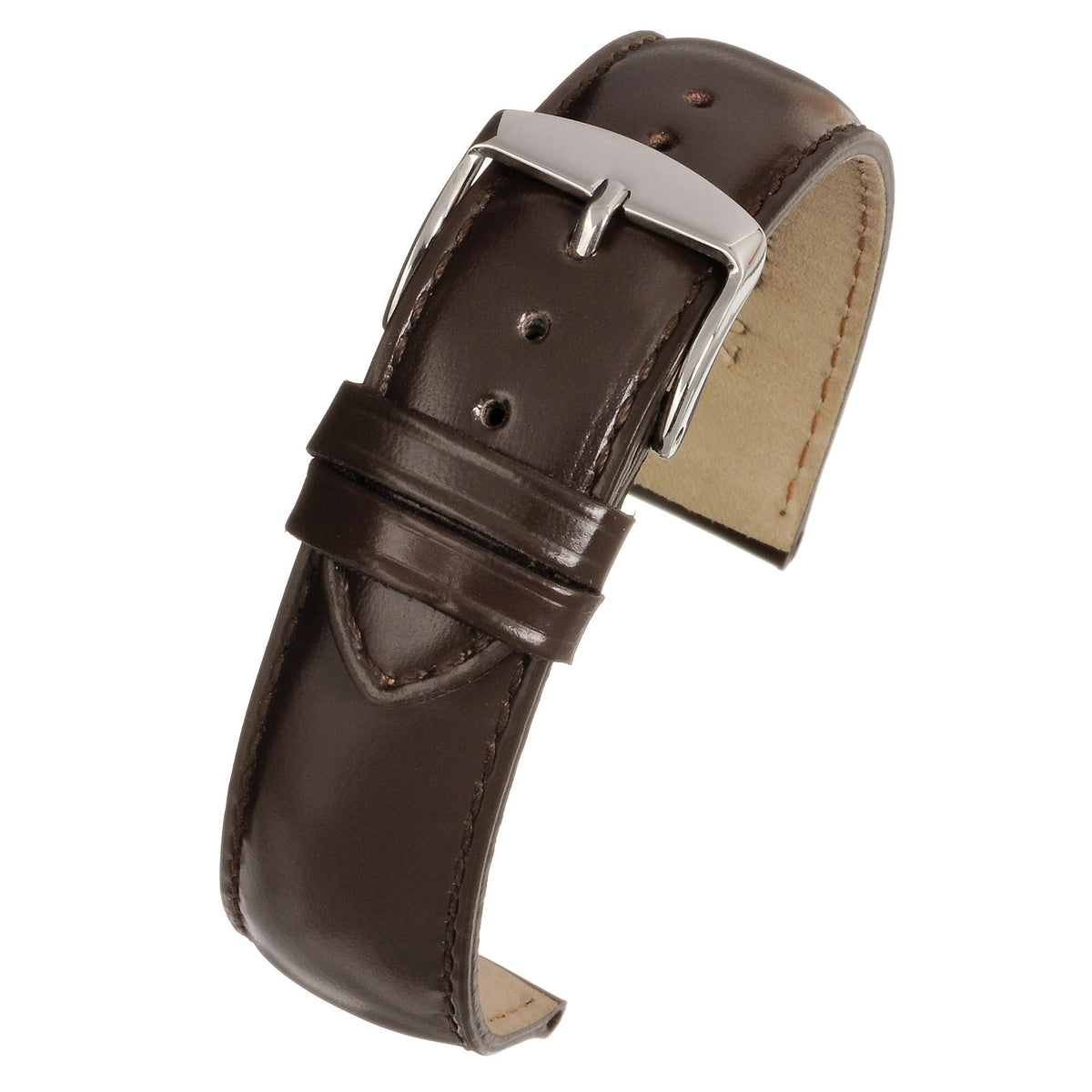 LBS brown gloss leather watch strap with brushed metal buckle and stitch edge