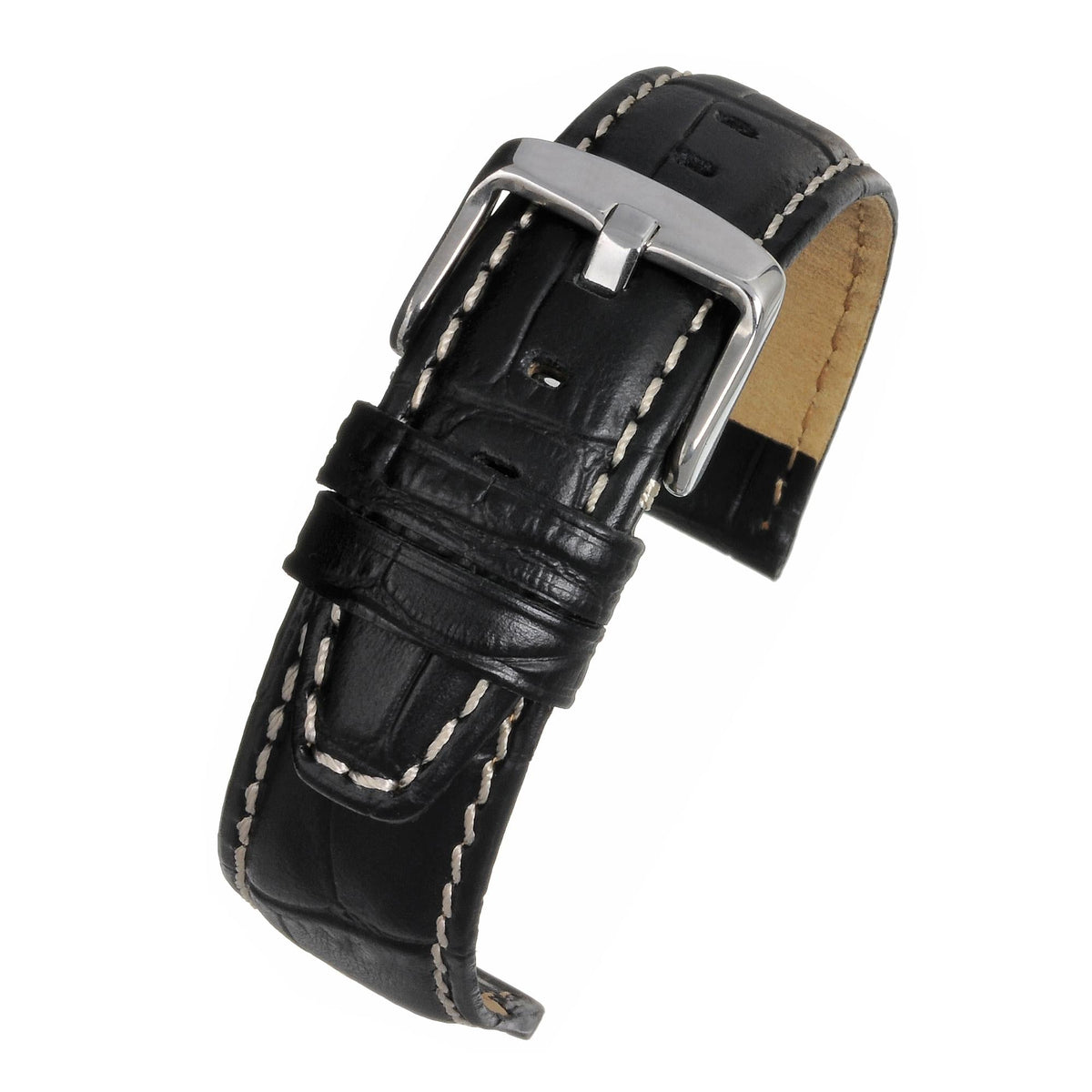 Men's black alligator-grain leather watch strap with tan nubuck backing and silver clasp