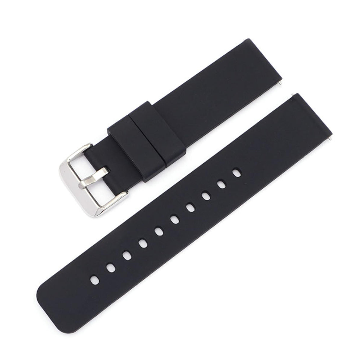 Black silicone watch strap with silver buckle and row of adjustment holes