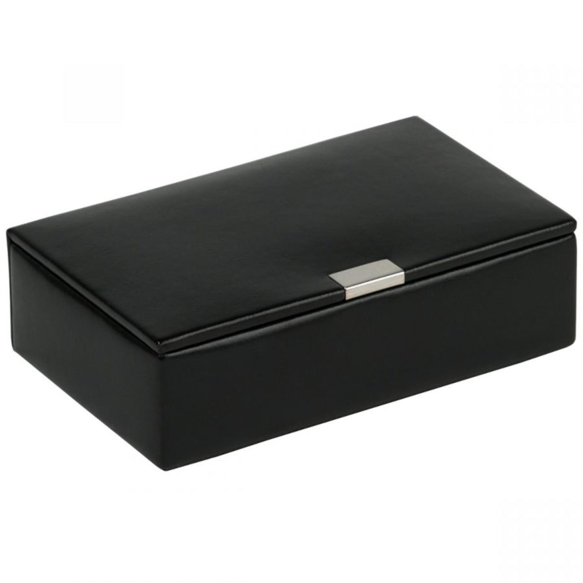 Black leather cufflink box with hinged lid and silver clasp, angled top view