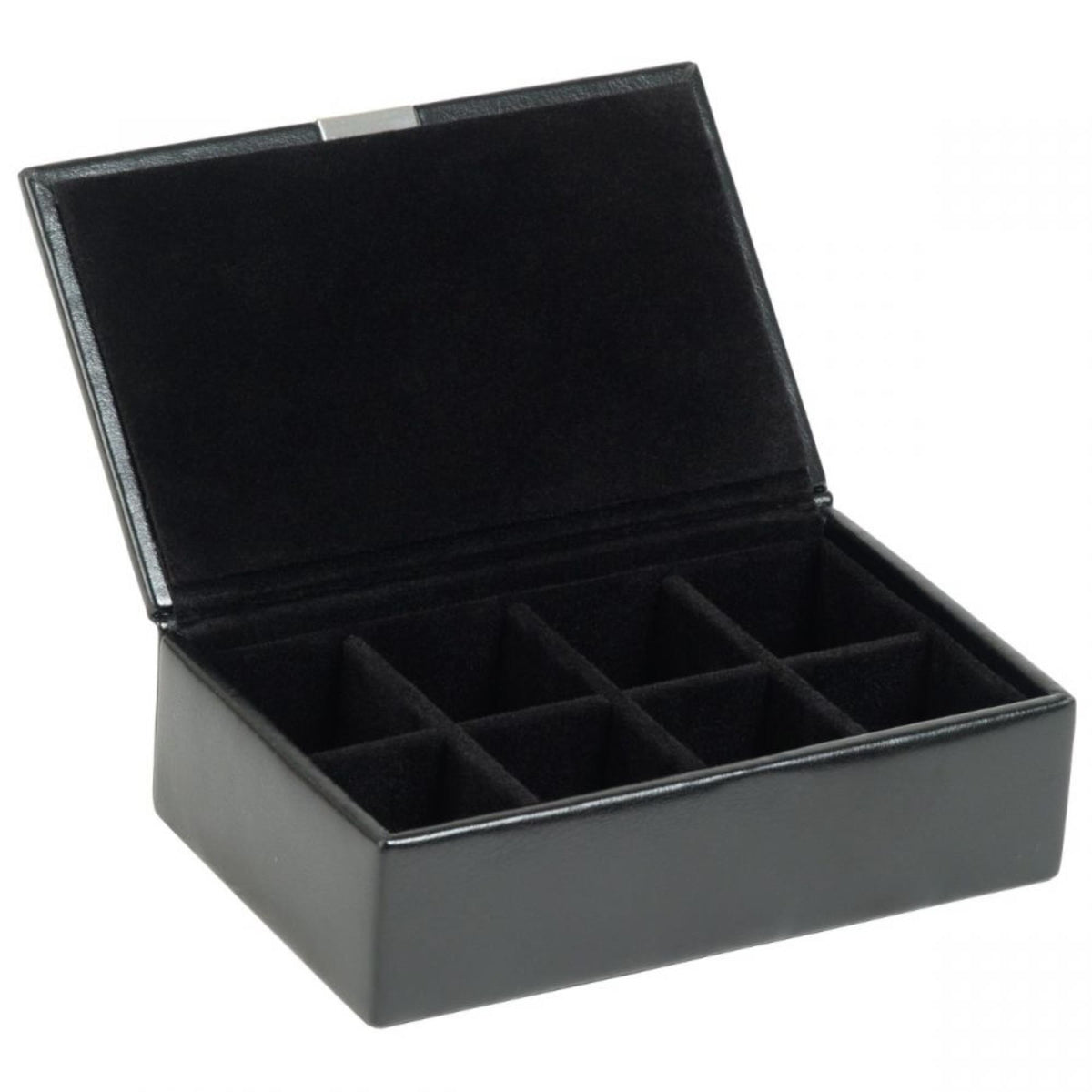Black leather cufflink box open with foam insert and 8 compartments