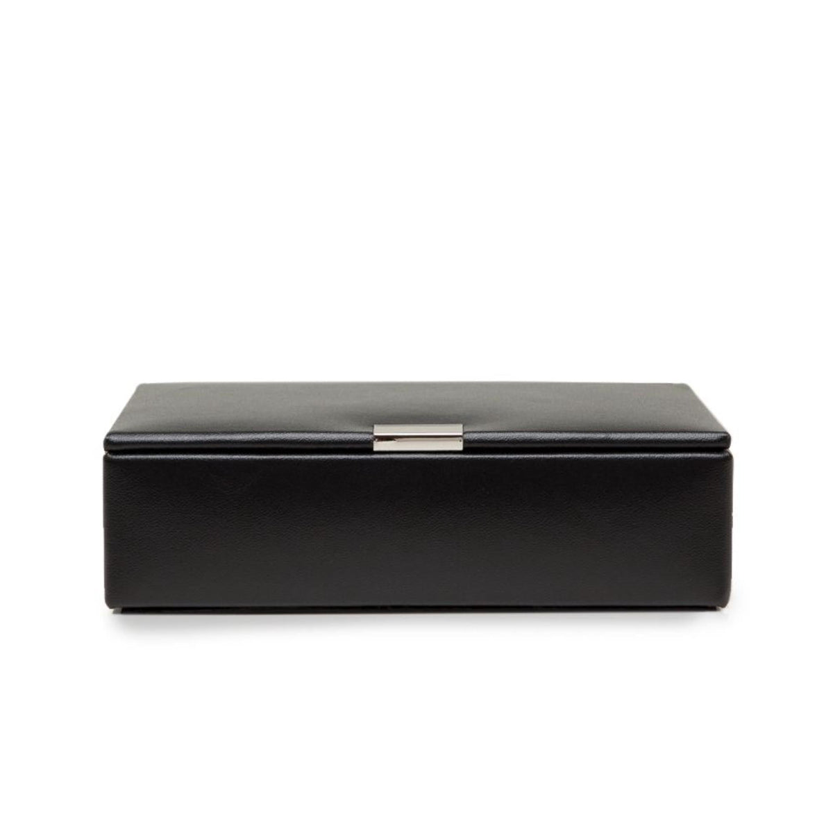 Black leather cufflink box with silver clasp on lid, centered front angle