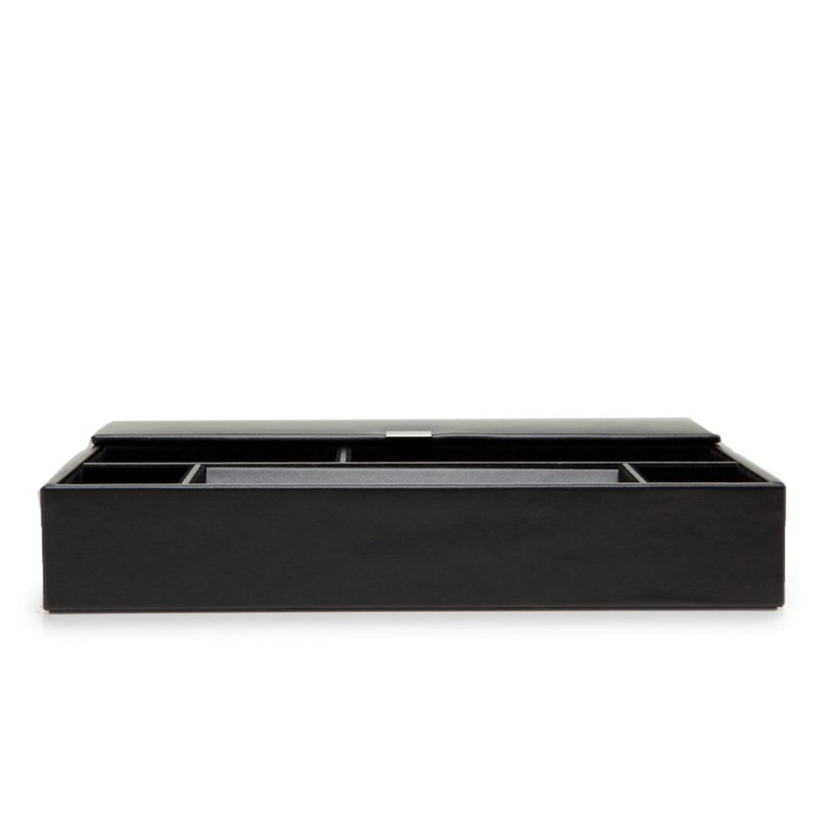 Black leather valet tray, front view with inset organizer slots beneath the lid