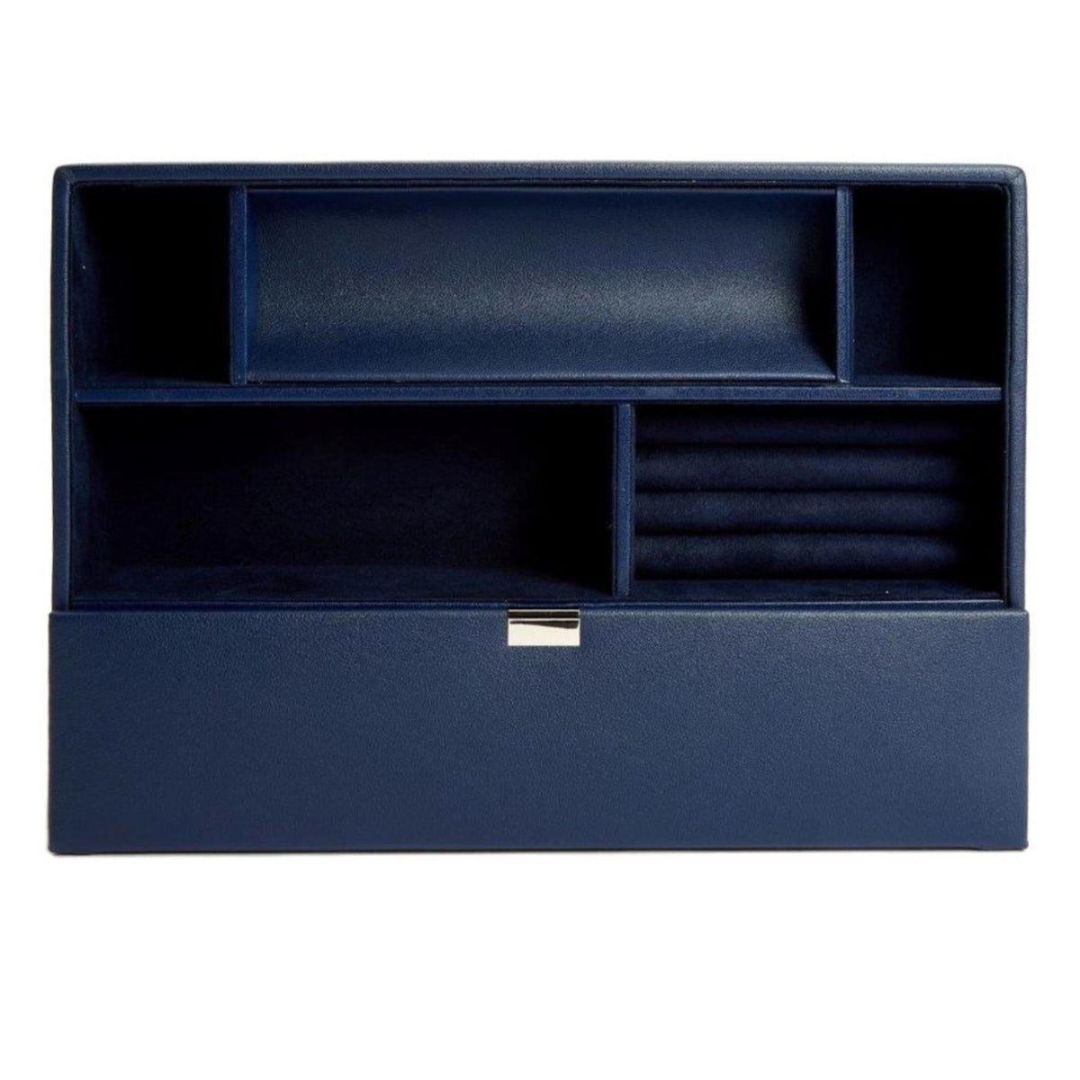 Open navy leather valet tray with center divider and stacked card slots, WOLF Heritage