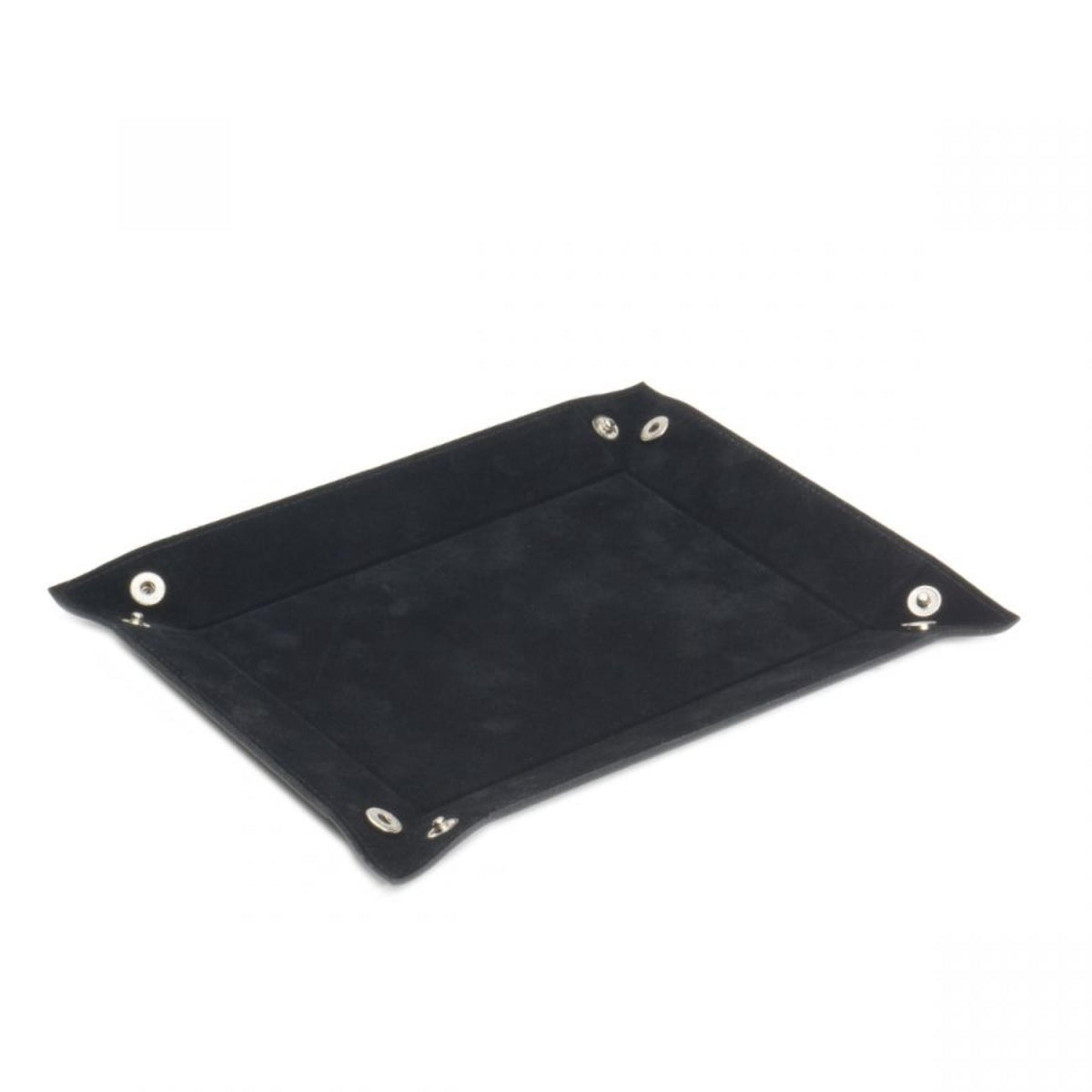 Black leather coin tray top view with snap hardware and dark interior lining.