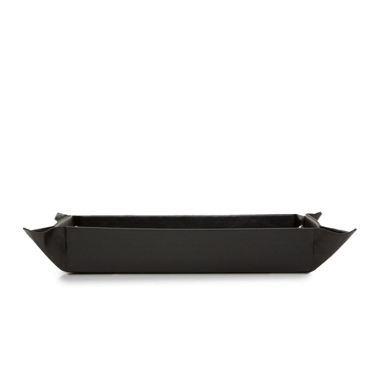 Black leather coin tray with folded corner tabs and smooth front edge.