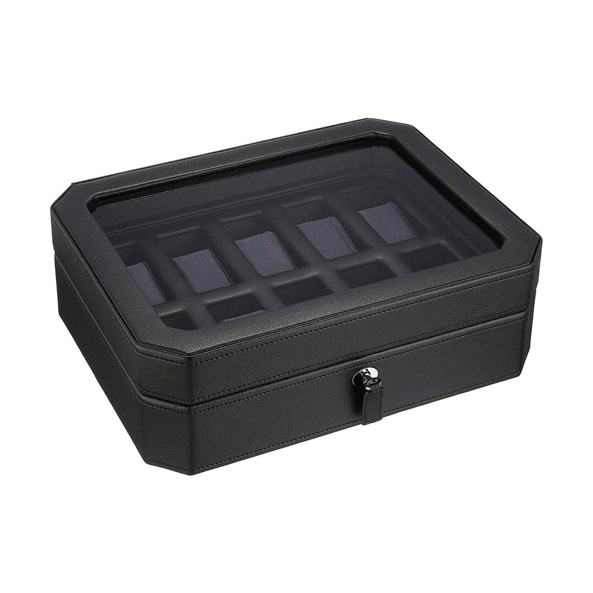 Black watch box open on hinge with 10-slot insert tray and key lock