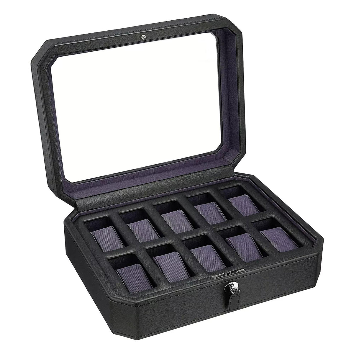 Black watch box with open lid and 10 watch slots with purple cushions
