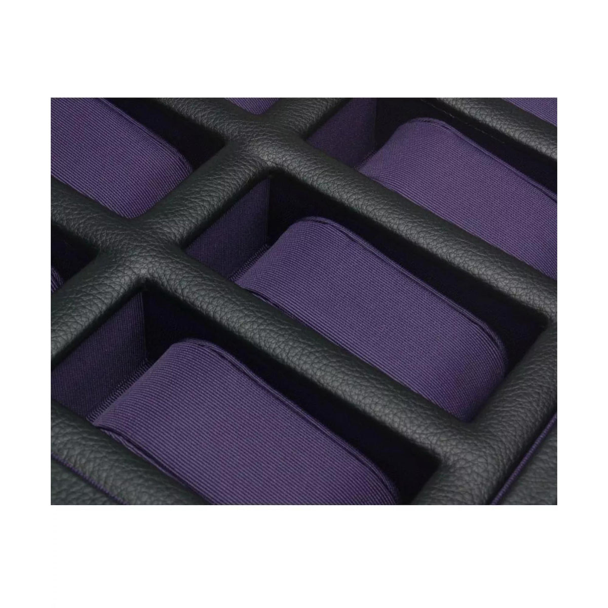 Interior watch pillow tray with purple holders and black dividers