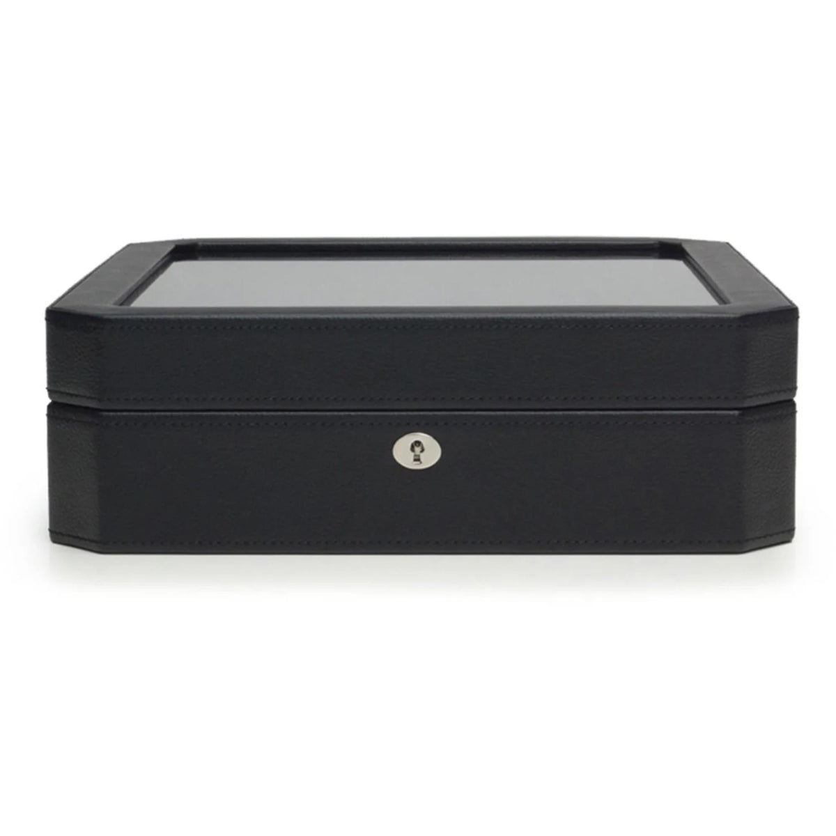 Black watch box with hinged lid and round metal lock plate