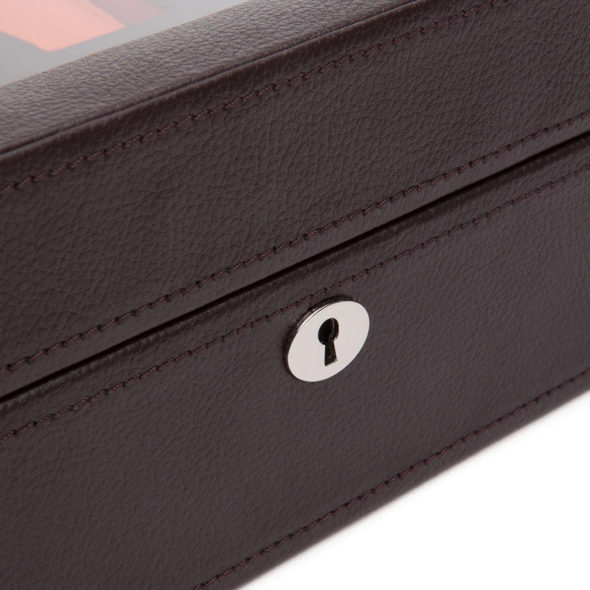 WOLF watch box with textured leather-look finish and round key lock, dark brown