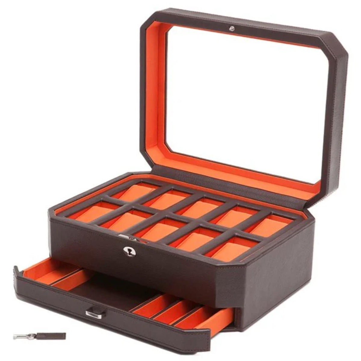 Open brown watch box with orange padded slots and inner sections with orange inserts.