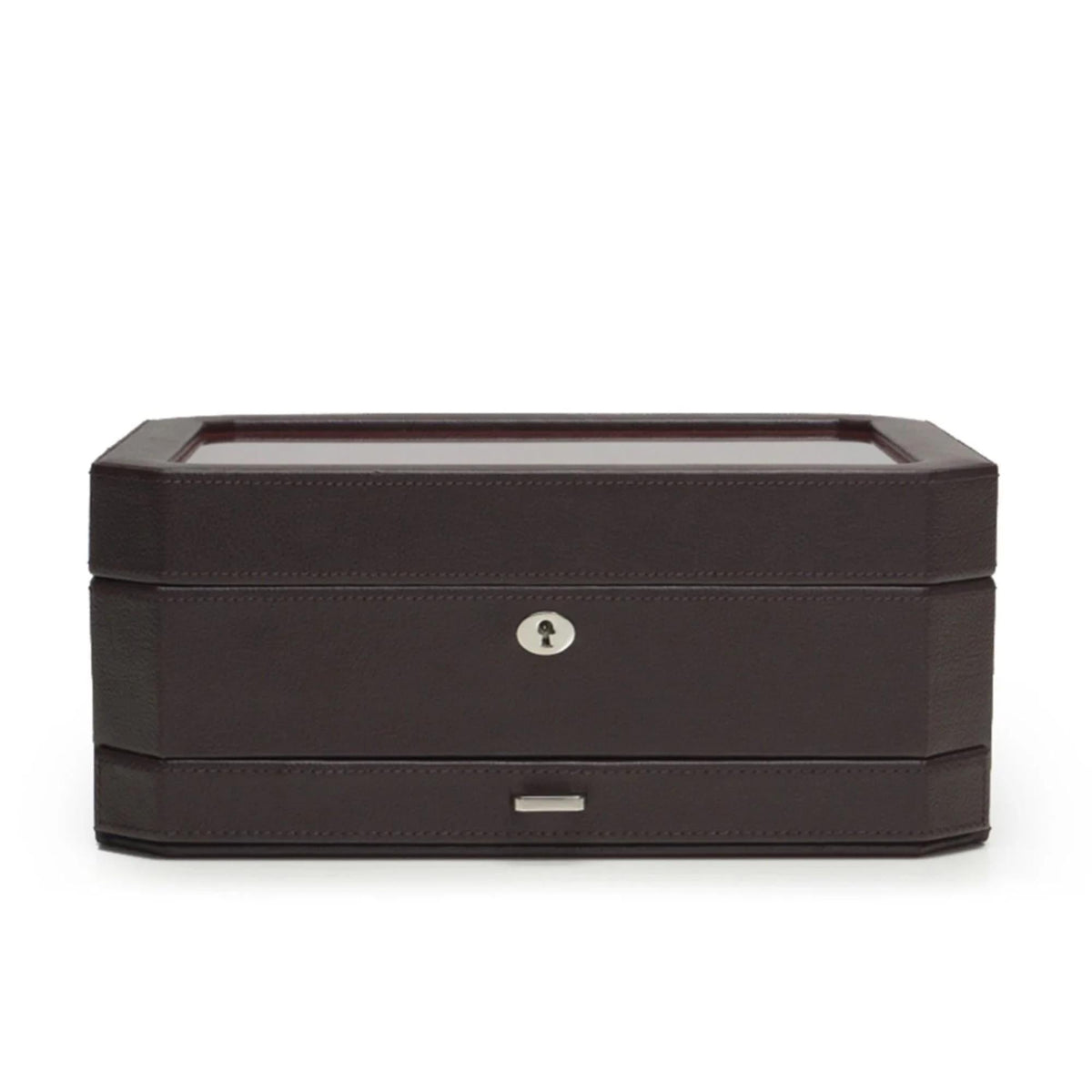 Closed dark brown watch storage box with hinged lid, center lock, and front slot.