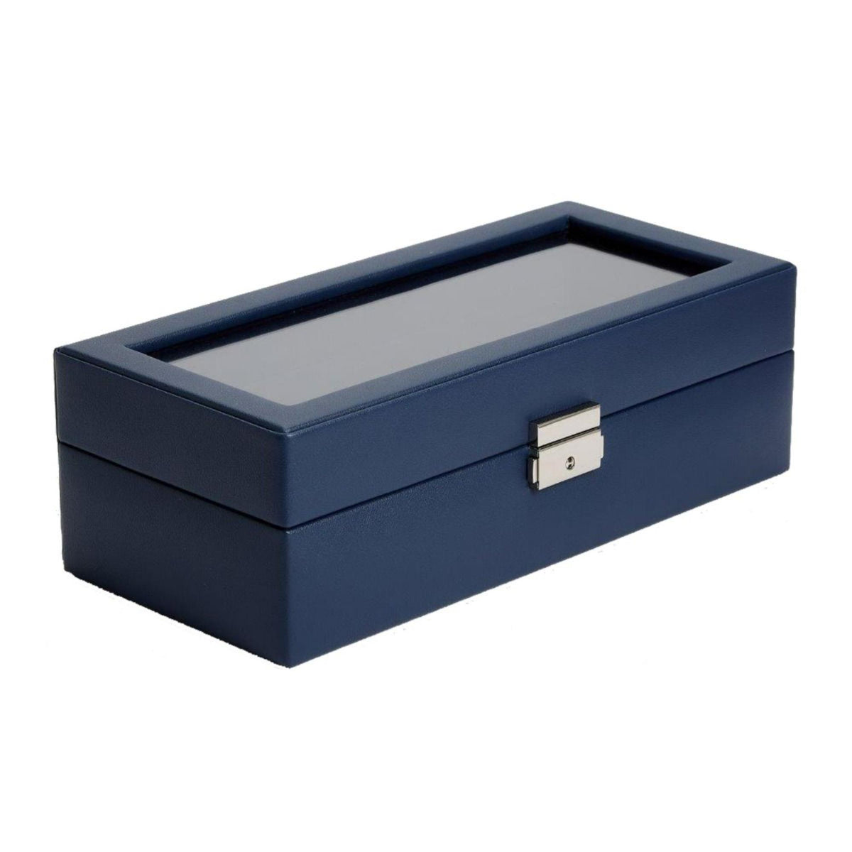 Navy watch box with open top panel and metal clasp